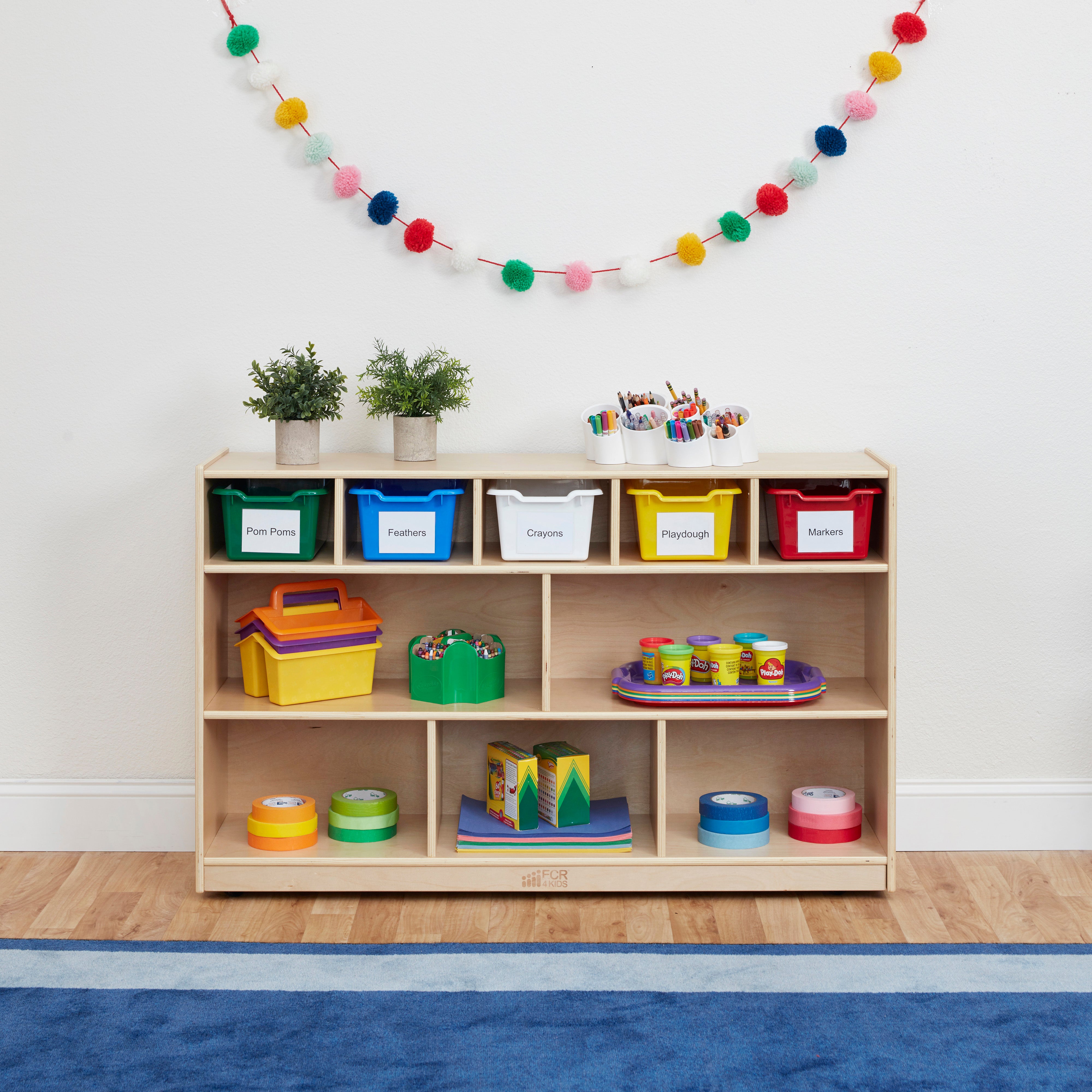 5+5 Mobile Storage and Tray Cabinet with 5 Scoop Front Bins, Natural