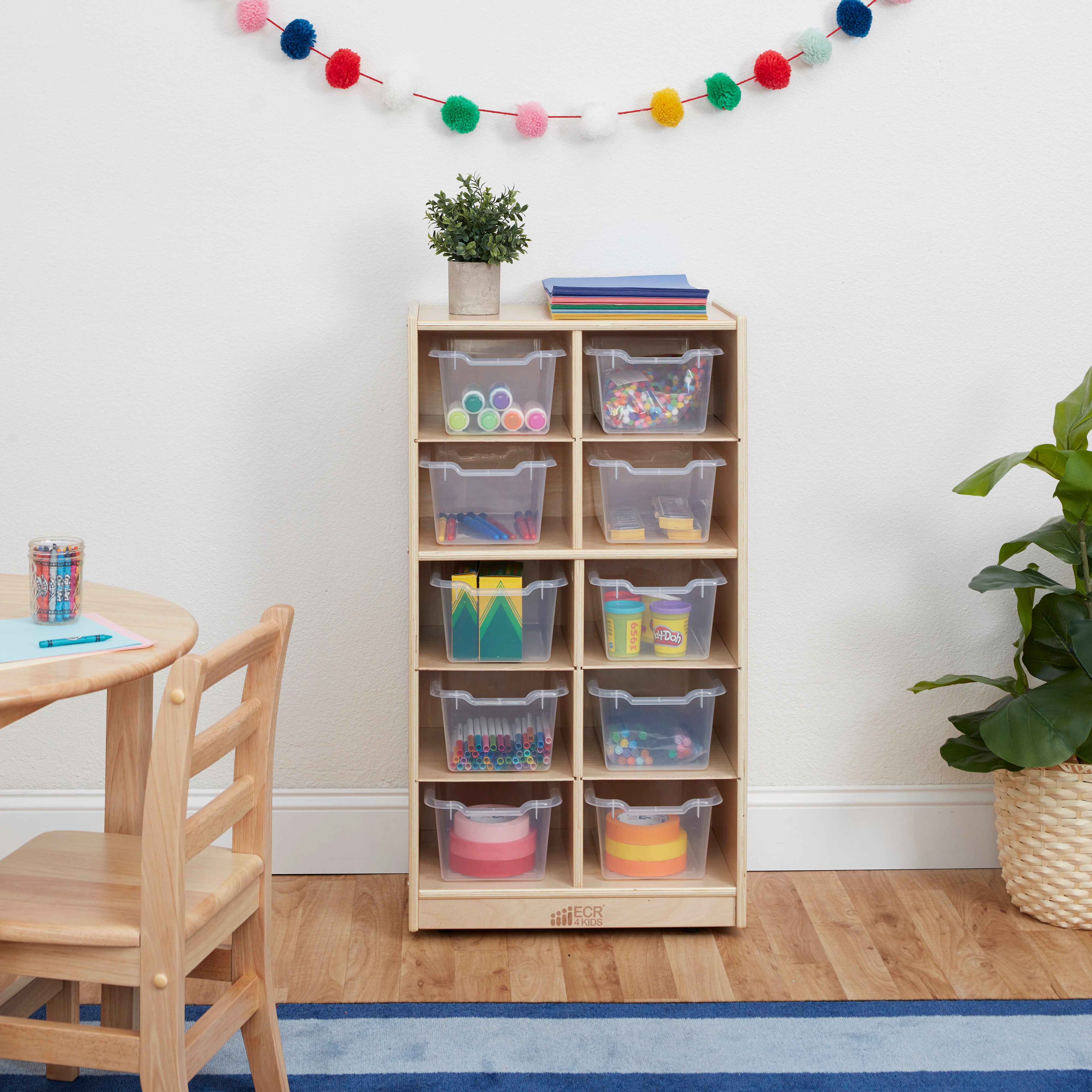 10 Cubby Mobile Tray Cabinet with 10 Scoop Front Storage Bins, 5x2, Natural
