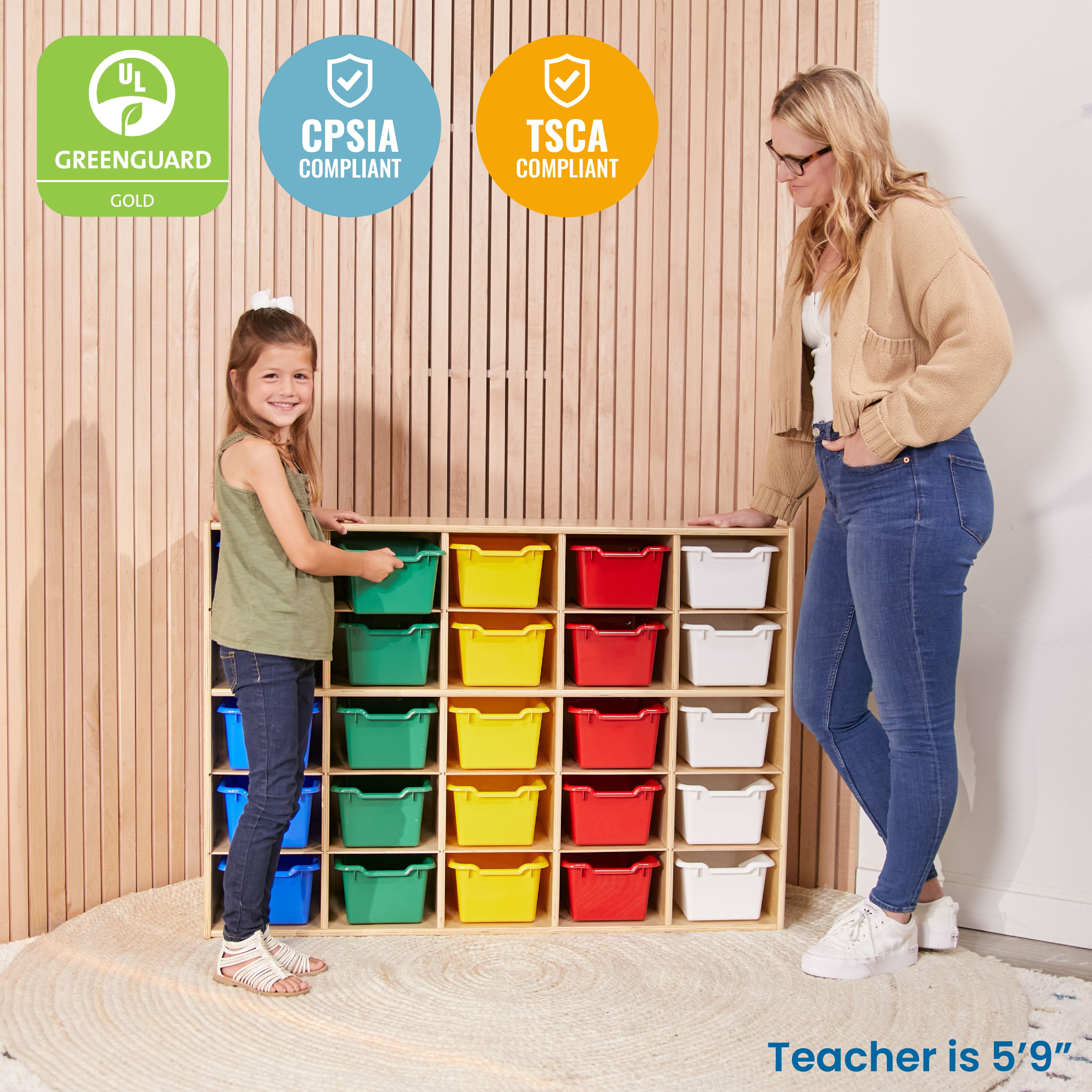 Streamline 25 Cubby Tray Cabinet with 25 Scoop Front Storage Bins, 5x5, Natural