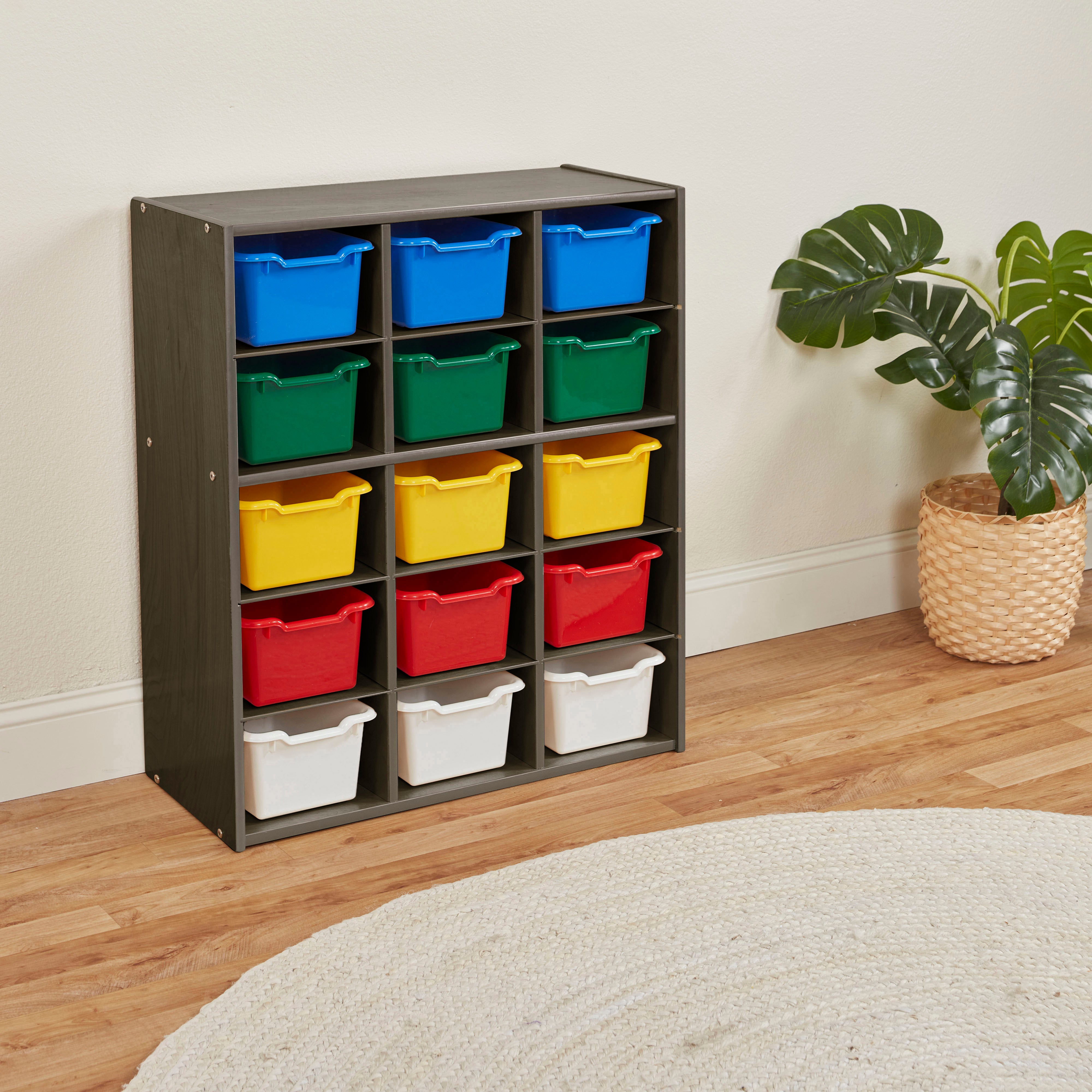 Streamline 15 Cubby Tray Cabinet with 15 Scoop Front Storage Bins, 5x3, Grey Wash
