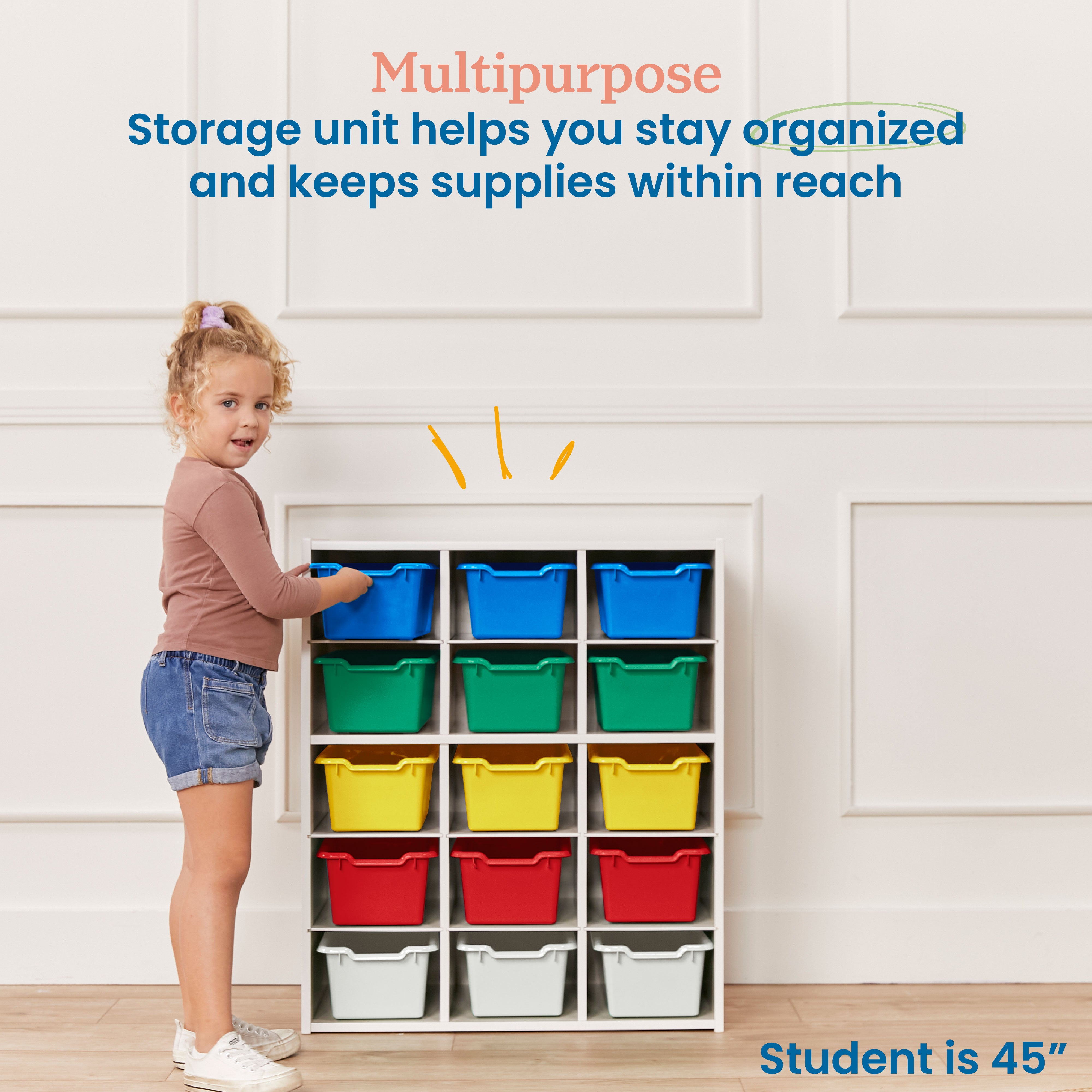 Streamline 15 Cubby Tray Cabinet with 15 Scoop Front Storage Bins, 5x3, White Wash