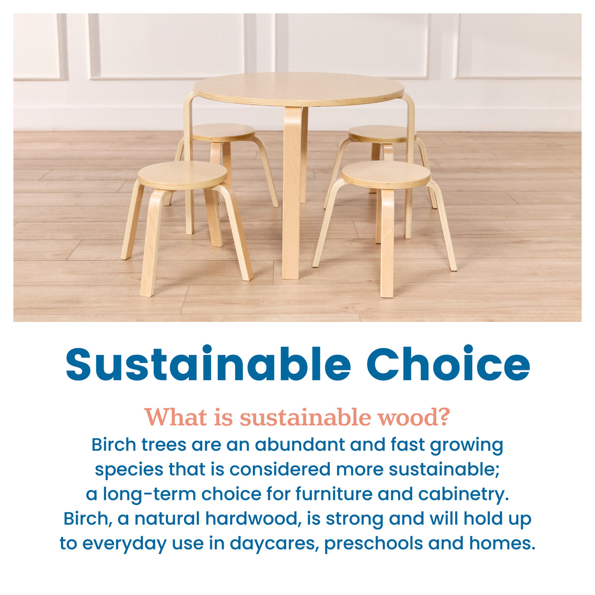 Round Bentwood Table and Four Stools, 12in Seat Height, 5-Piece