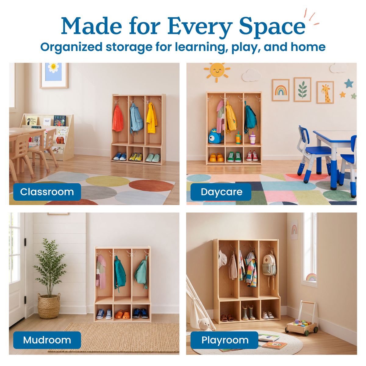 Three-section wooden coat locker with bench storage, shown in classroom, daycare, mudroom, and playroom settings with hanging