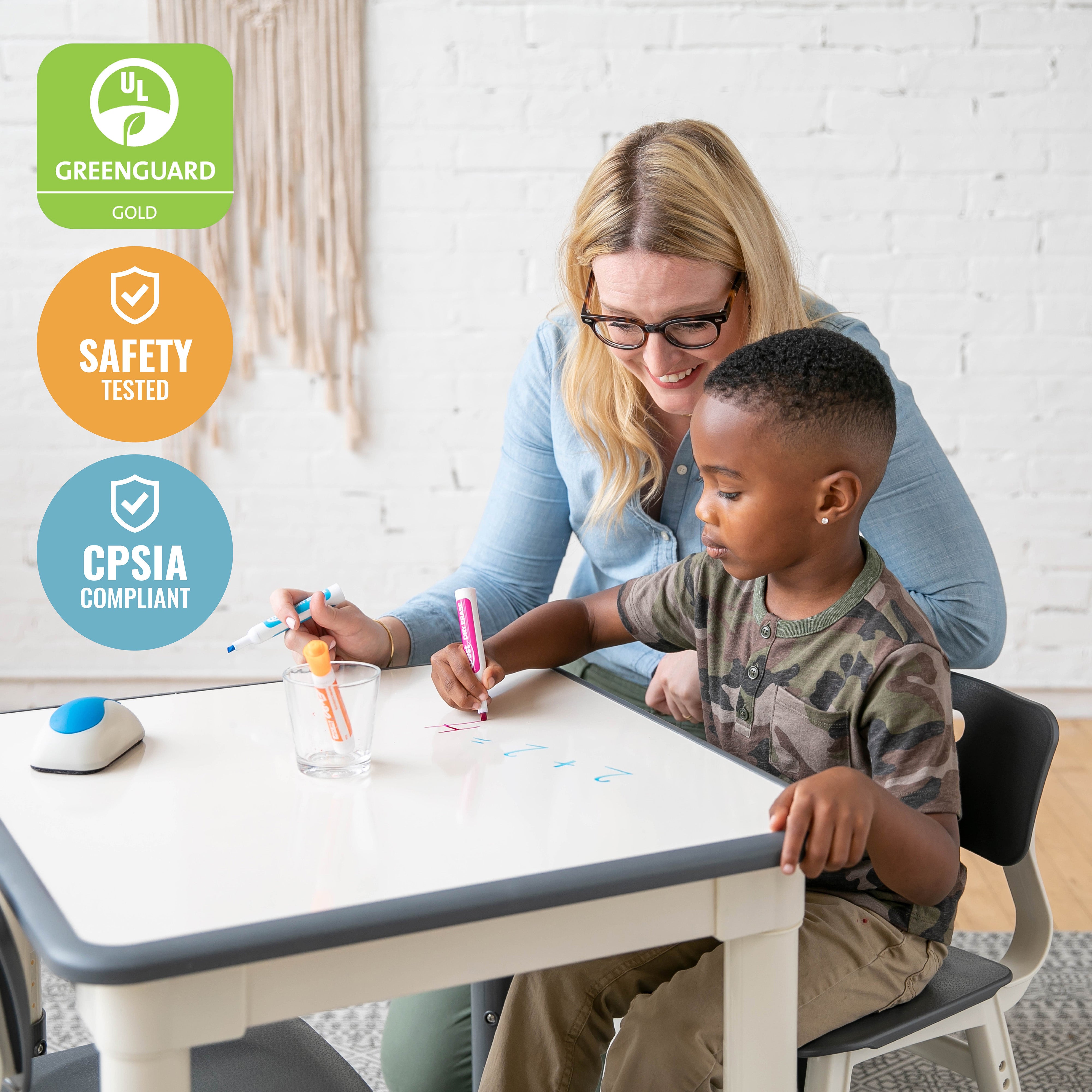 Dry-Erase Square Activity Table with 2 Chairs, Adjustable, 3-Piece