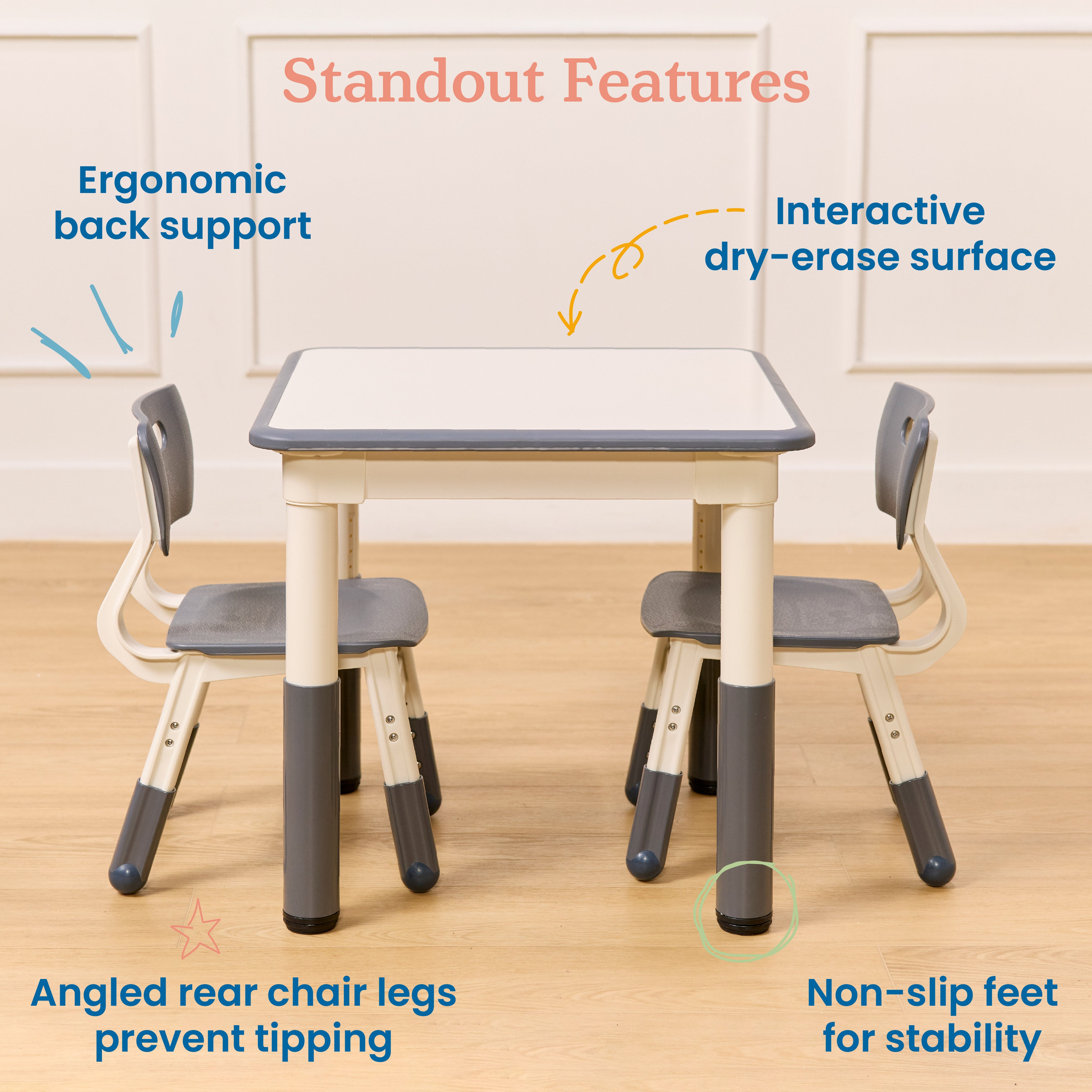 Dry-Erase Square Activity Table with Two Chairs, 3-Piece
