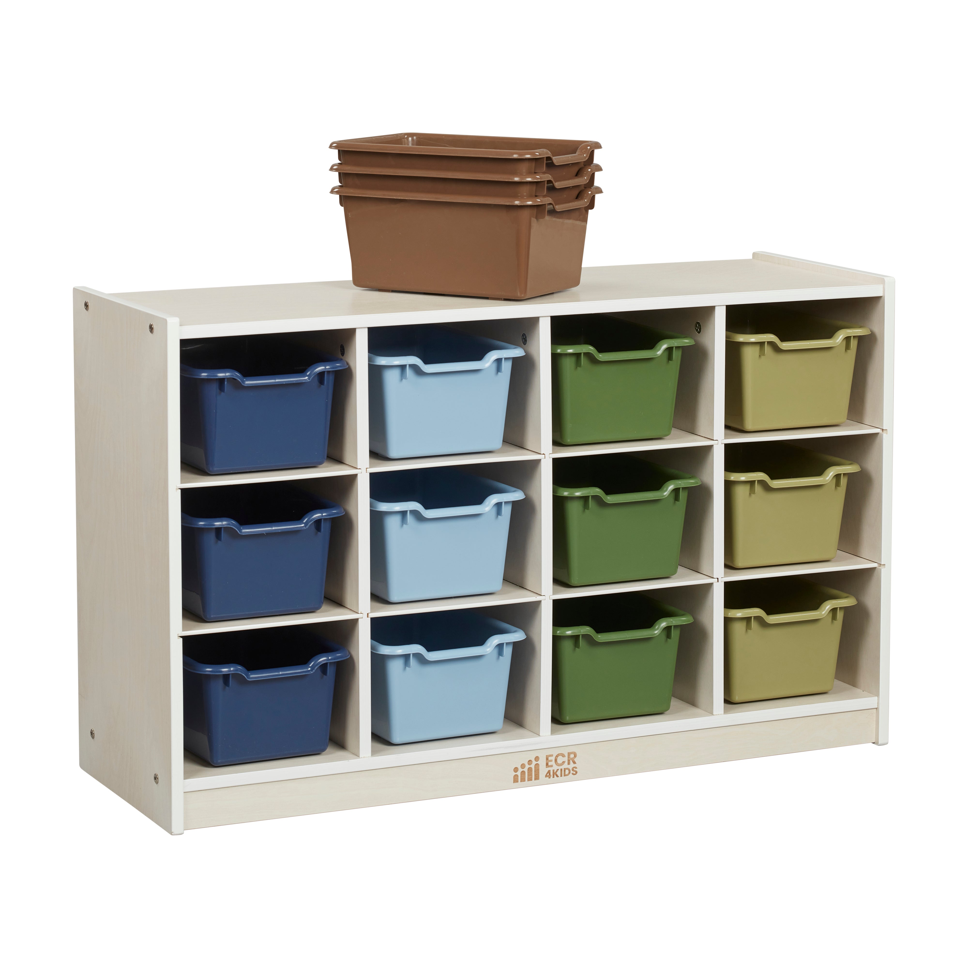 12 Cubby Mobile Tray Cabinet with 15 Scoop Front Storage Bins, 3x4, White Wash