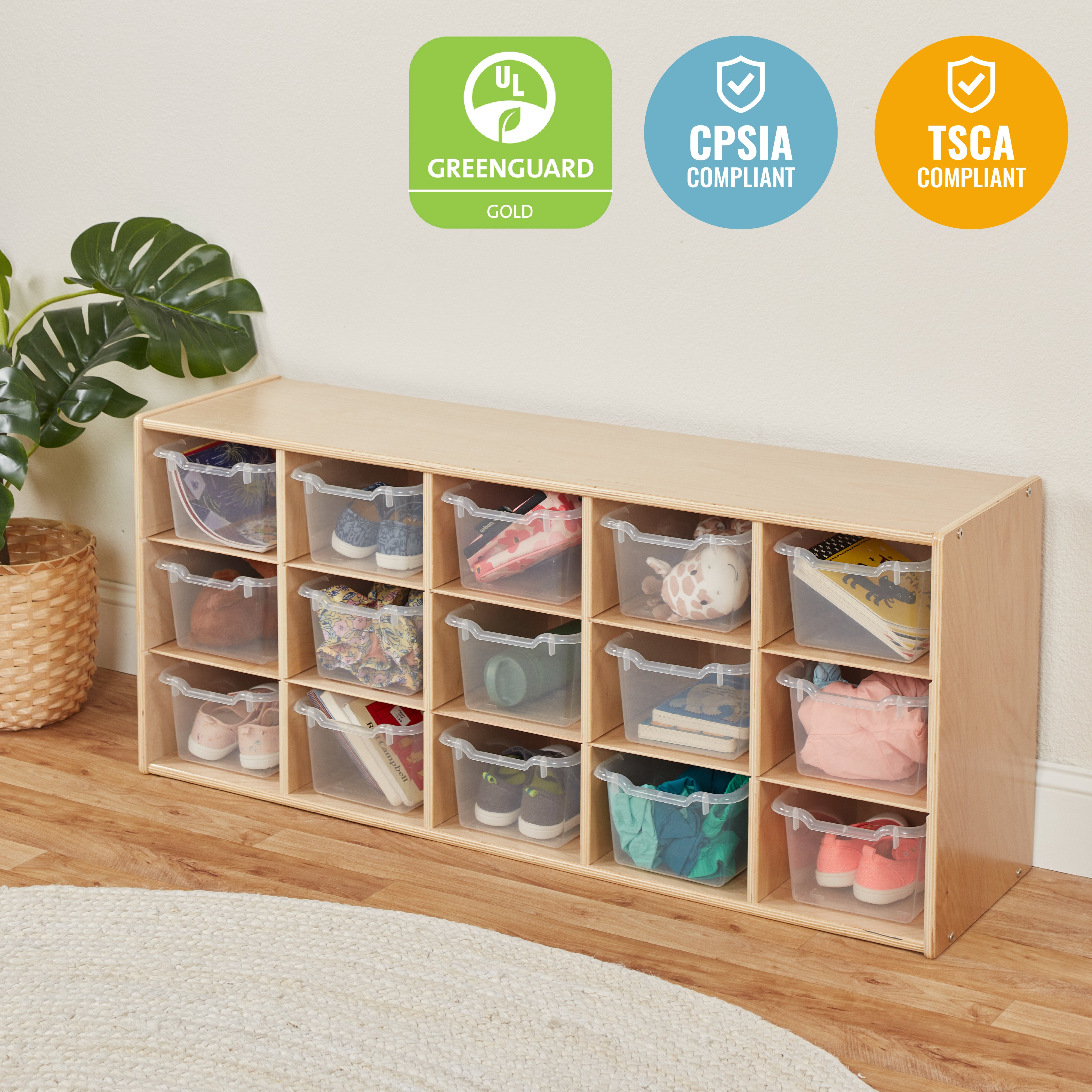 Streamline 15 Cubby Tray Cabinet with 15 Scoop Front Storage Bins, 3x5, Natural