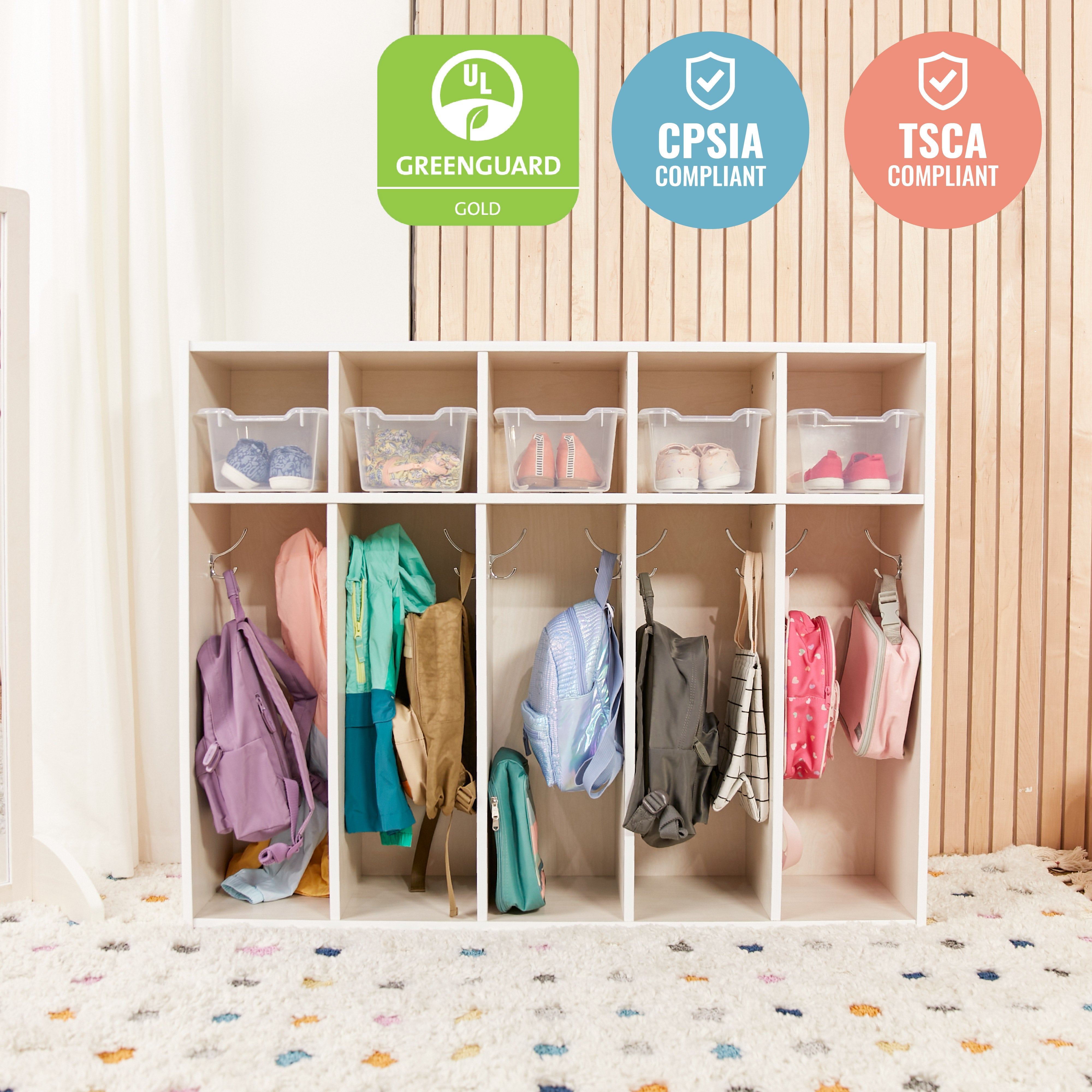 Streamline 5-Section Coat Locker with Scoop Front Storage Bins, Toddler Size, White Wash