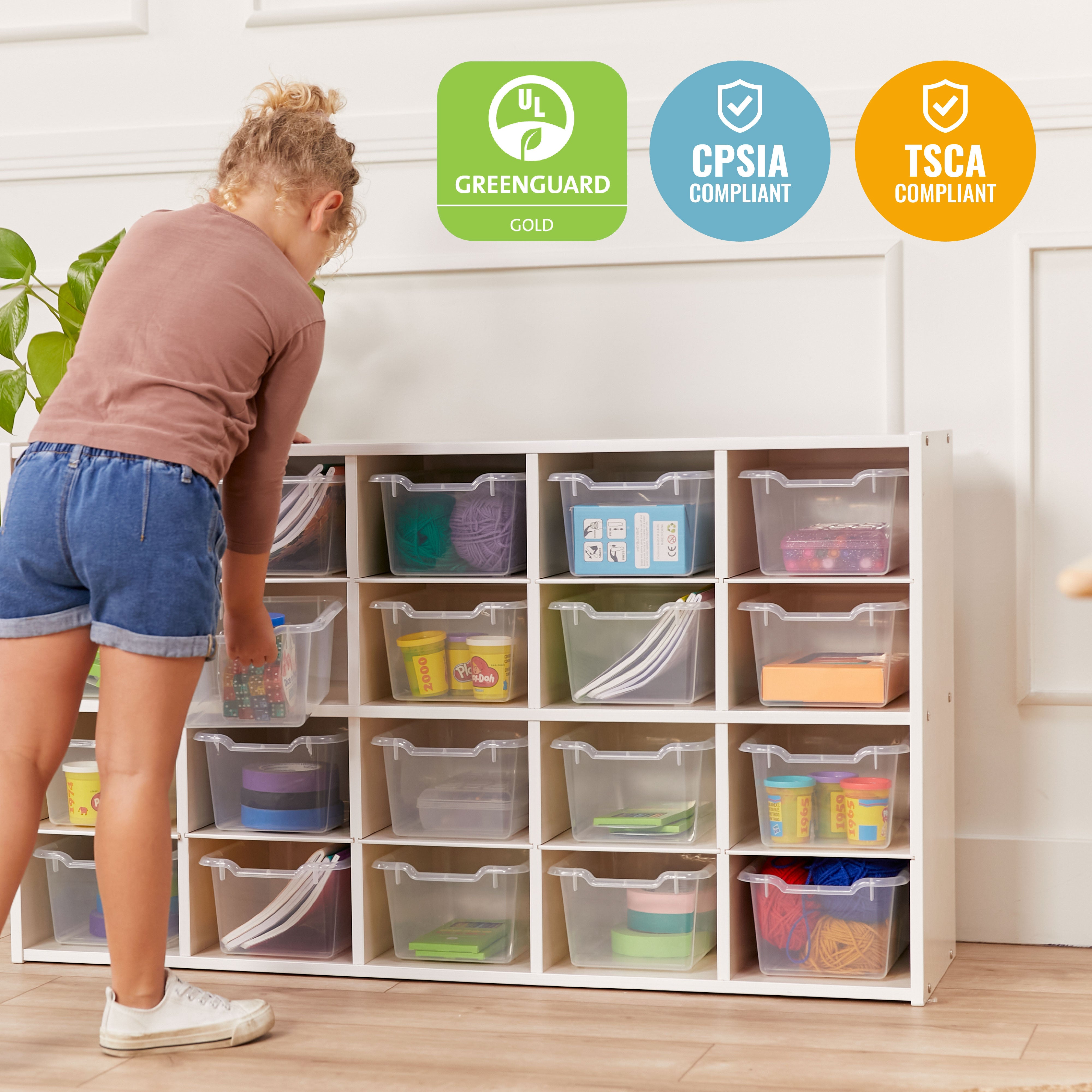 Streamline 20 Cubby Tray Storage Cabinet with 20 Scoop Front Storage Bins, 4x5, White Wash