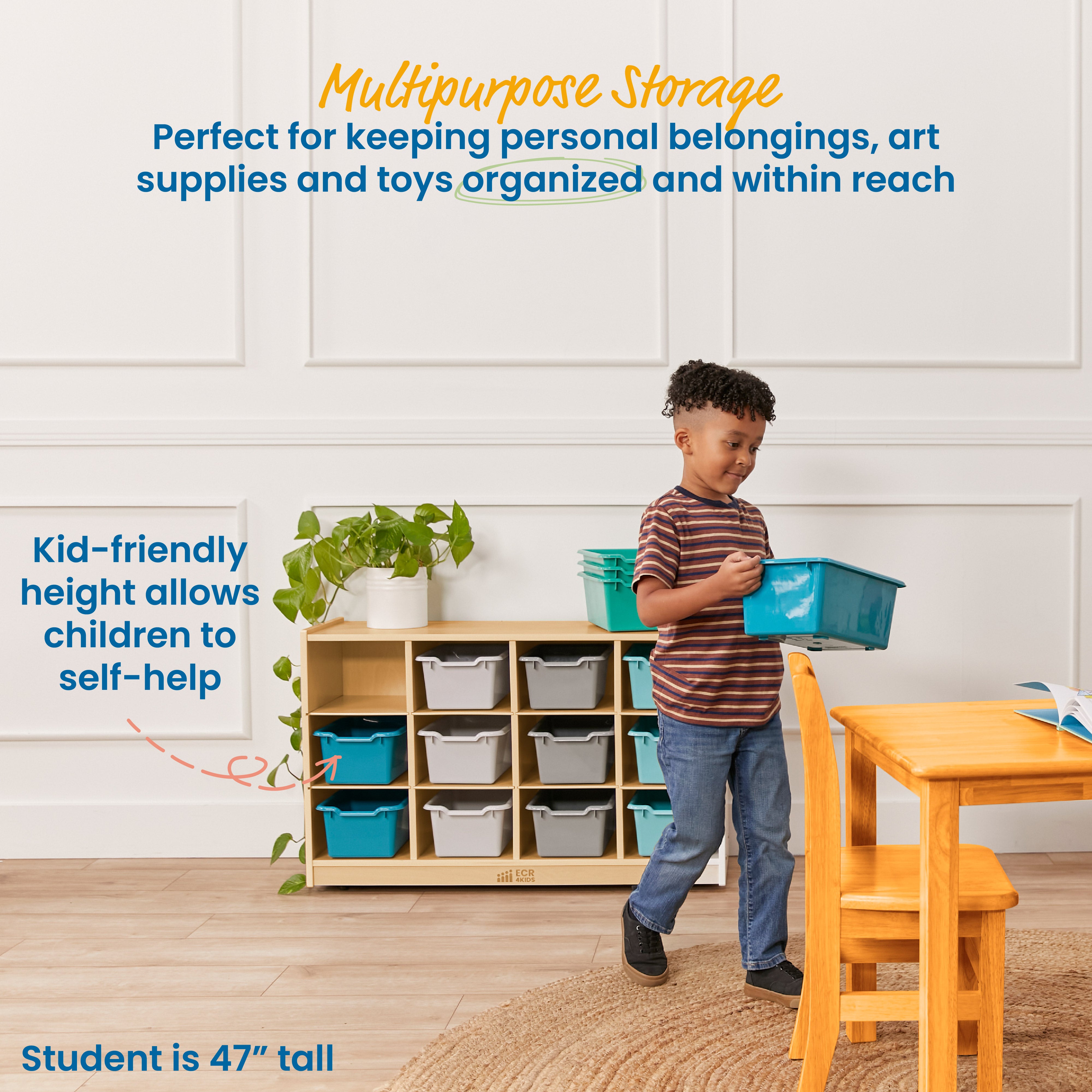 12 Cubby Mobile Tray Cabinet with 15 Scoop Front Storage Bins, 3x4, Natural