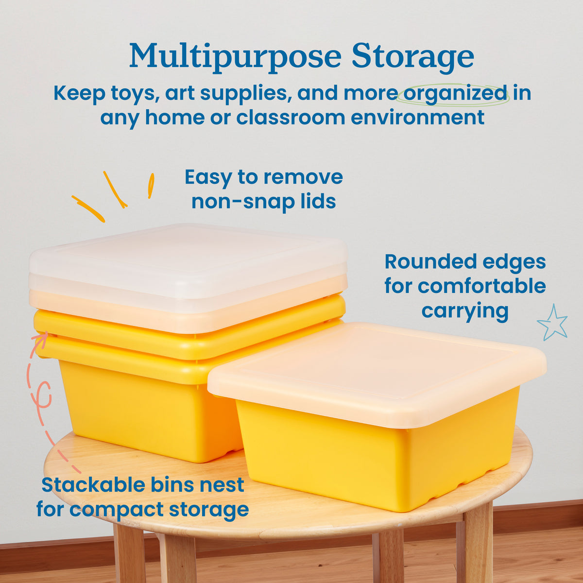 Stackable Square Bins with Non-Snap Lids, 4-Pack