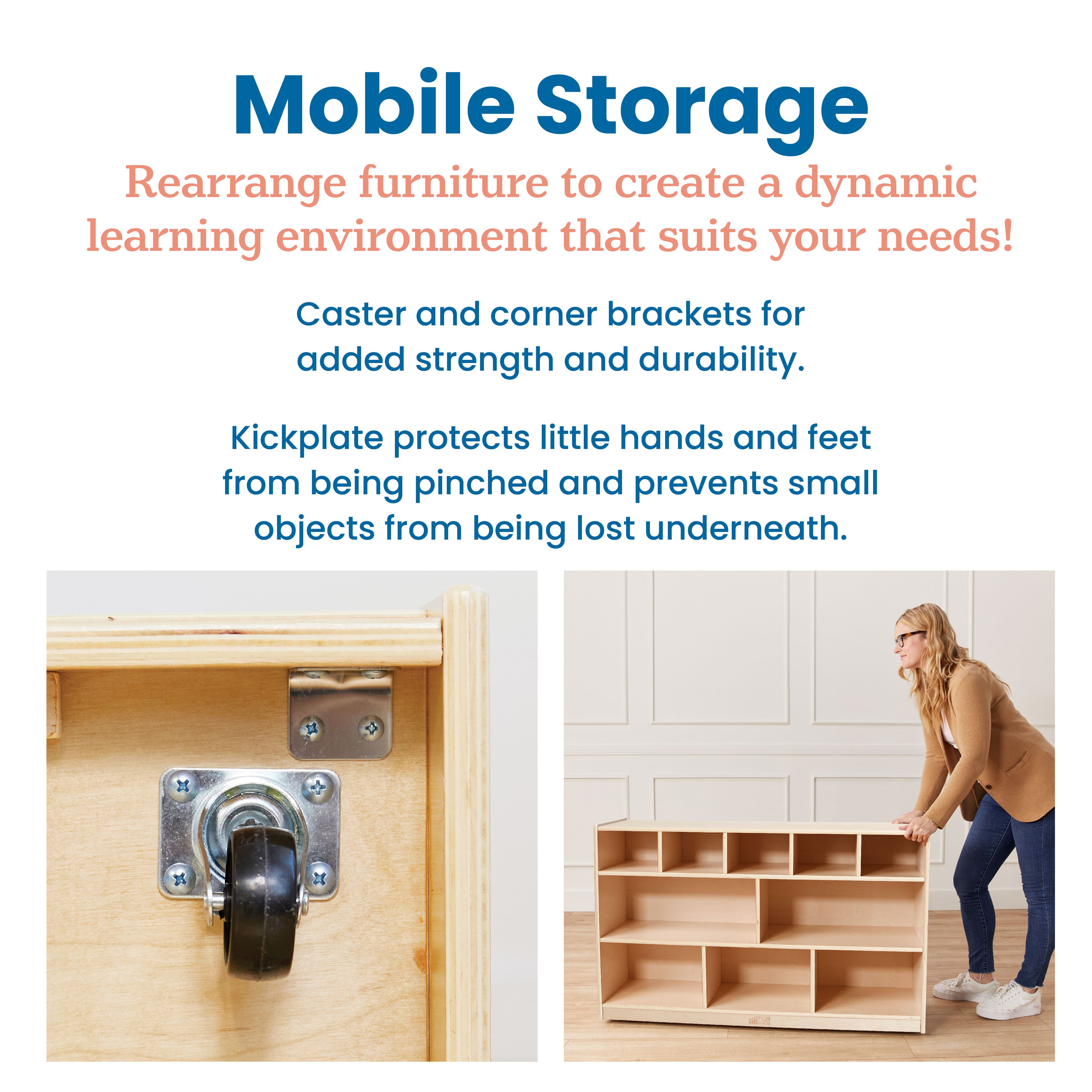 5+5 Mobile Storage and Tray Cabinet with 5 Scoop Front Bins, Natural
