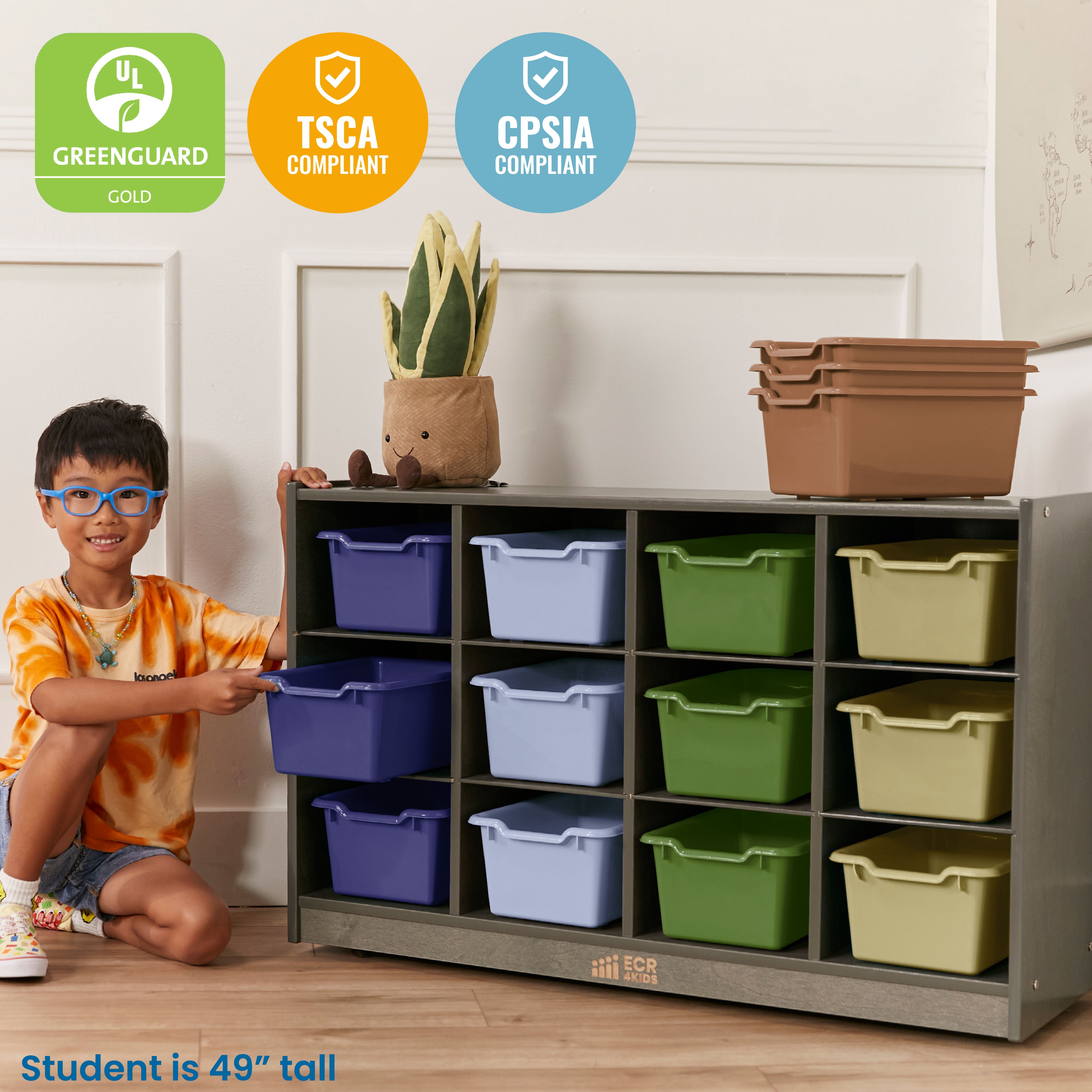 12 Cubby Mobile Tray Cabinet with 15 Scoop Front Storage Bins, 3x4, Grey Wash