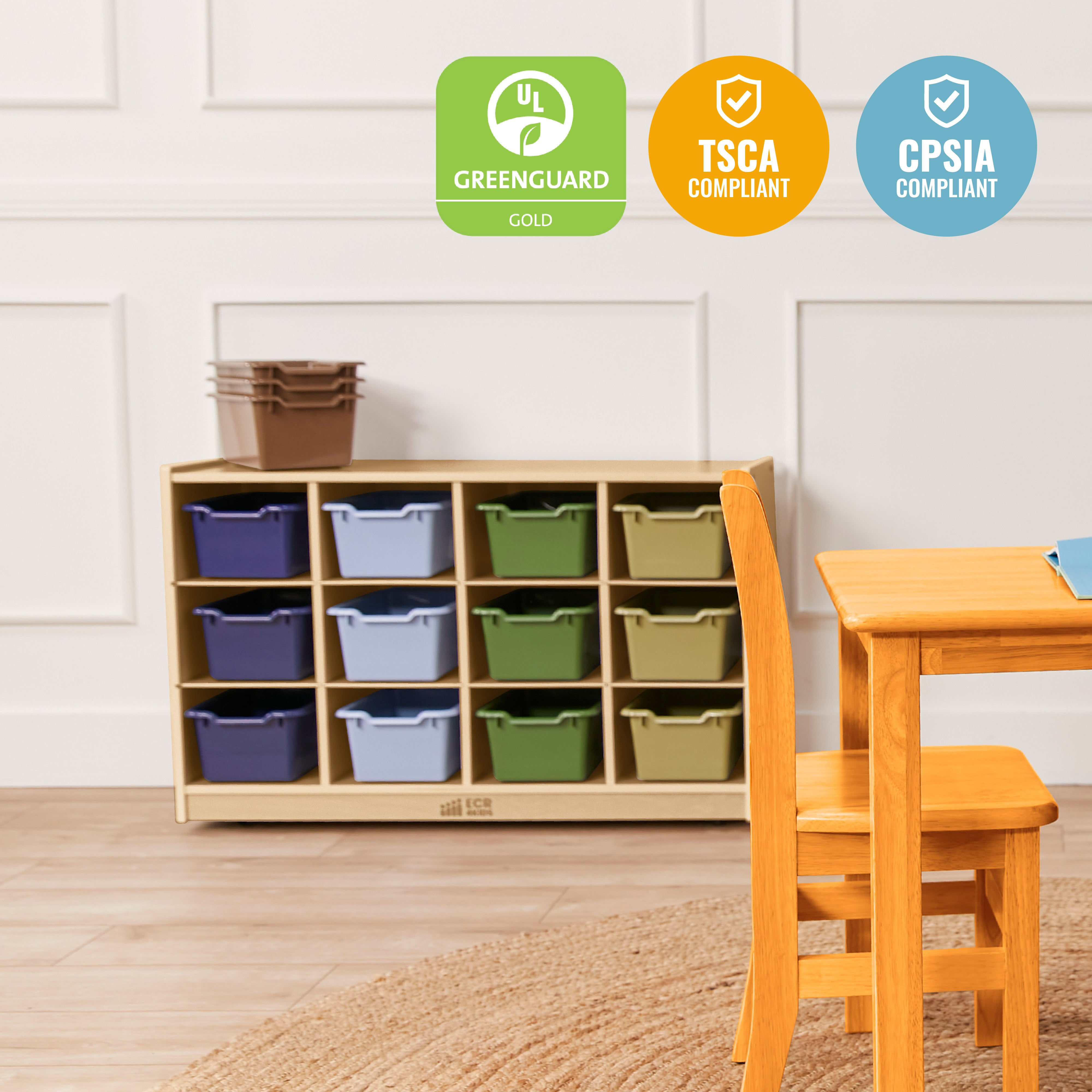 12 Cubby Mobile Tray Cabinet with 15 Scoop Front Storage Bins, 3x4, Natural