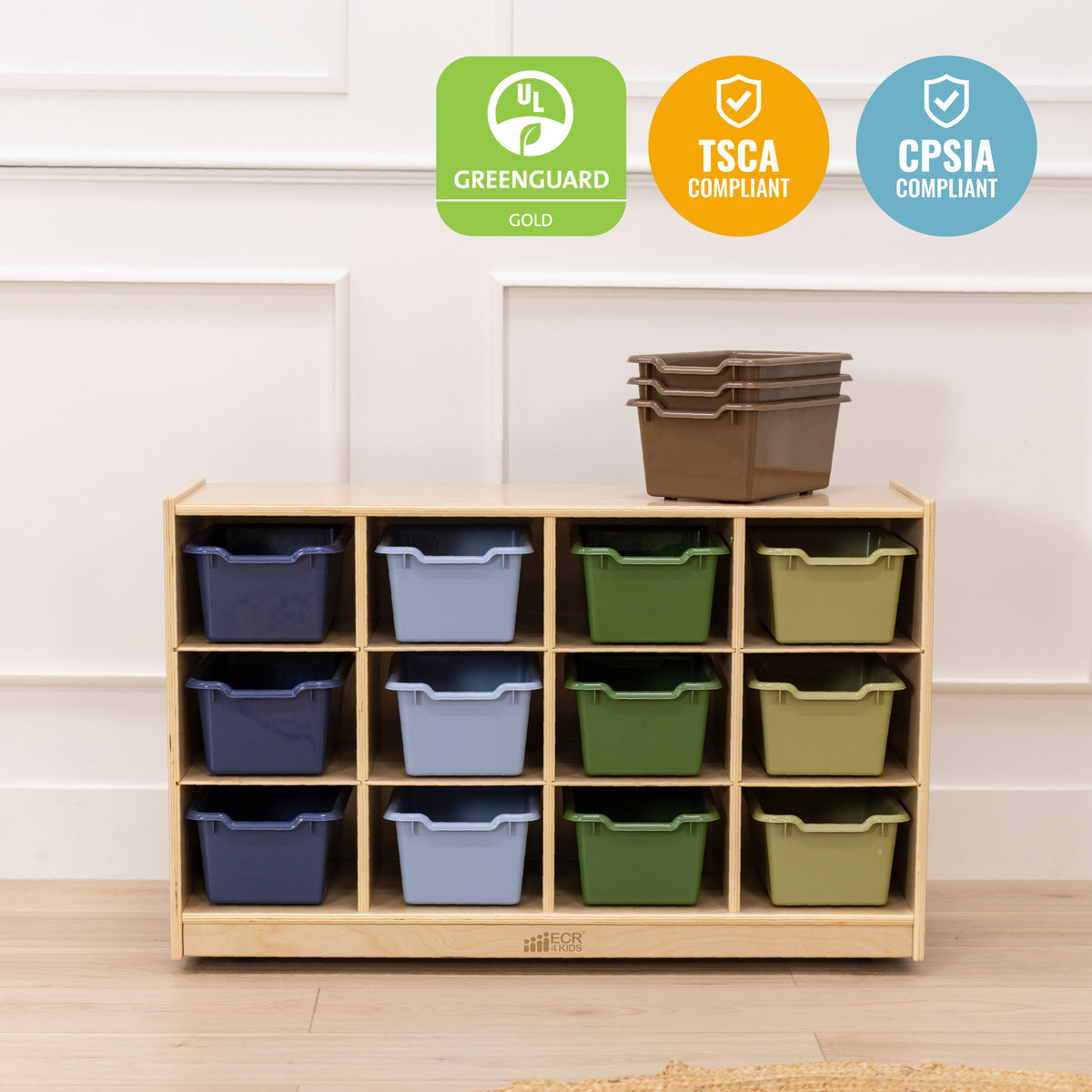 12 Cubby Mobile Tray Cabinet with 15 Scoop Front Bins, 3x4