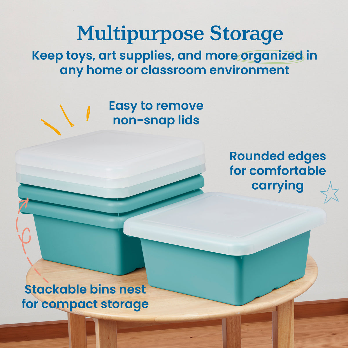 Stackable Square Bins with Non-Snap Lids, 4-Pack
