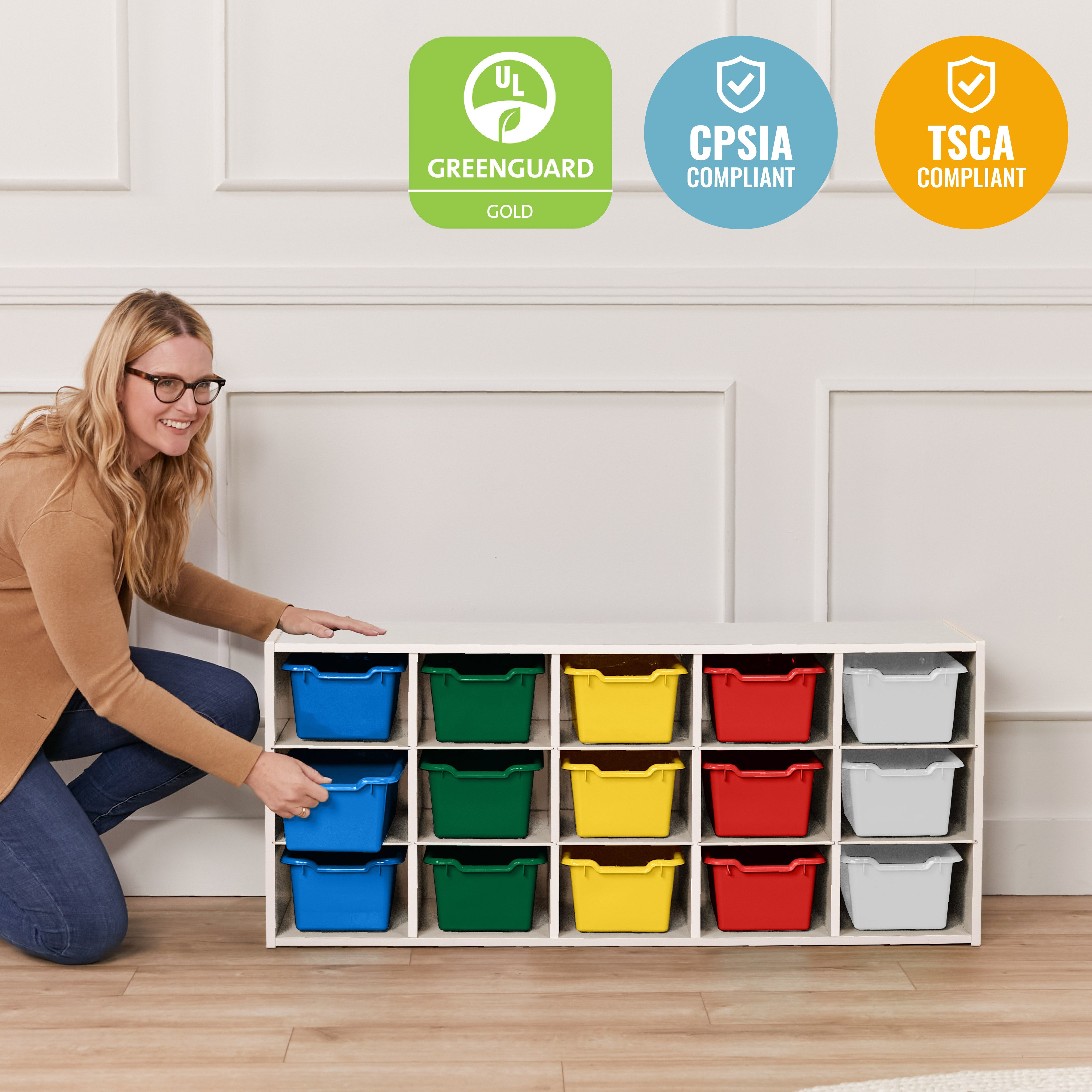 Streamline 15 Cubby Tray Cabinet with 15 Scoop Front Storage Bins, 3x5, White Wash