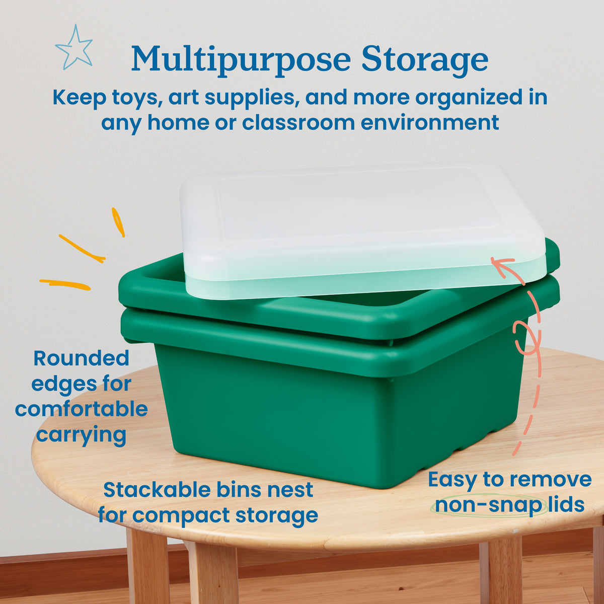 Stackable Square Bins with Non-Snap Lids, 2-Pack