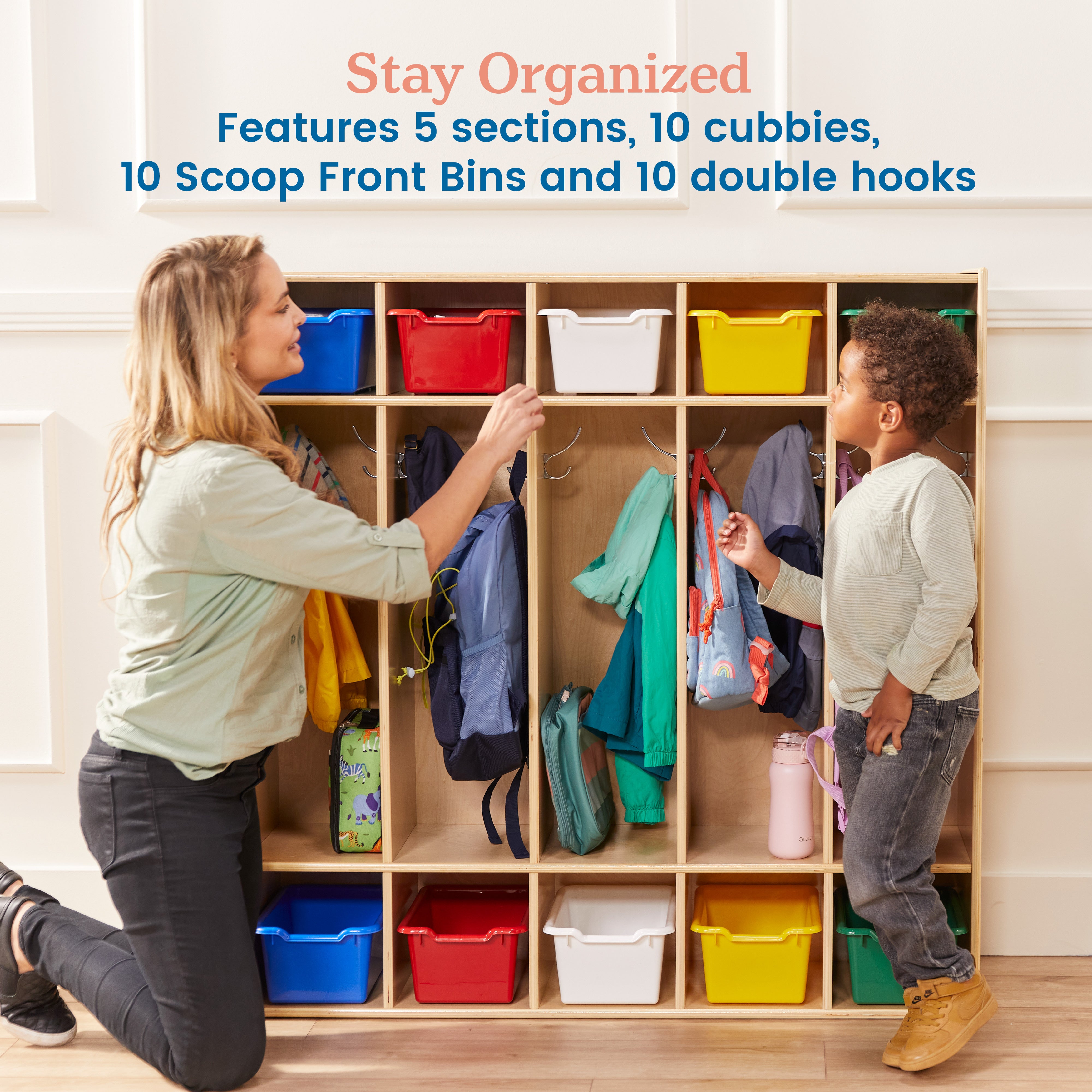 Streamline 5-Section Coat Locker with Scoop Front Storage Bins, Natural, Classroom Furniture