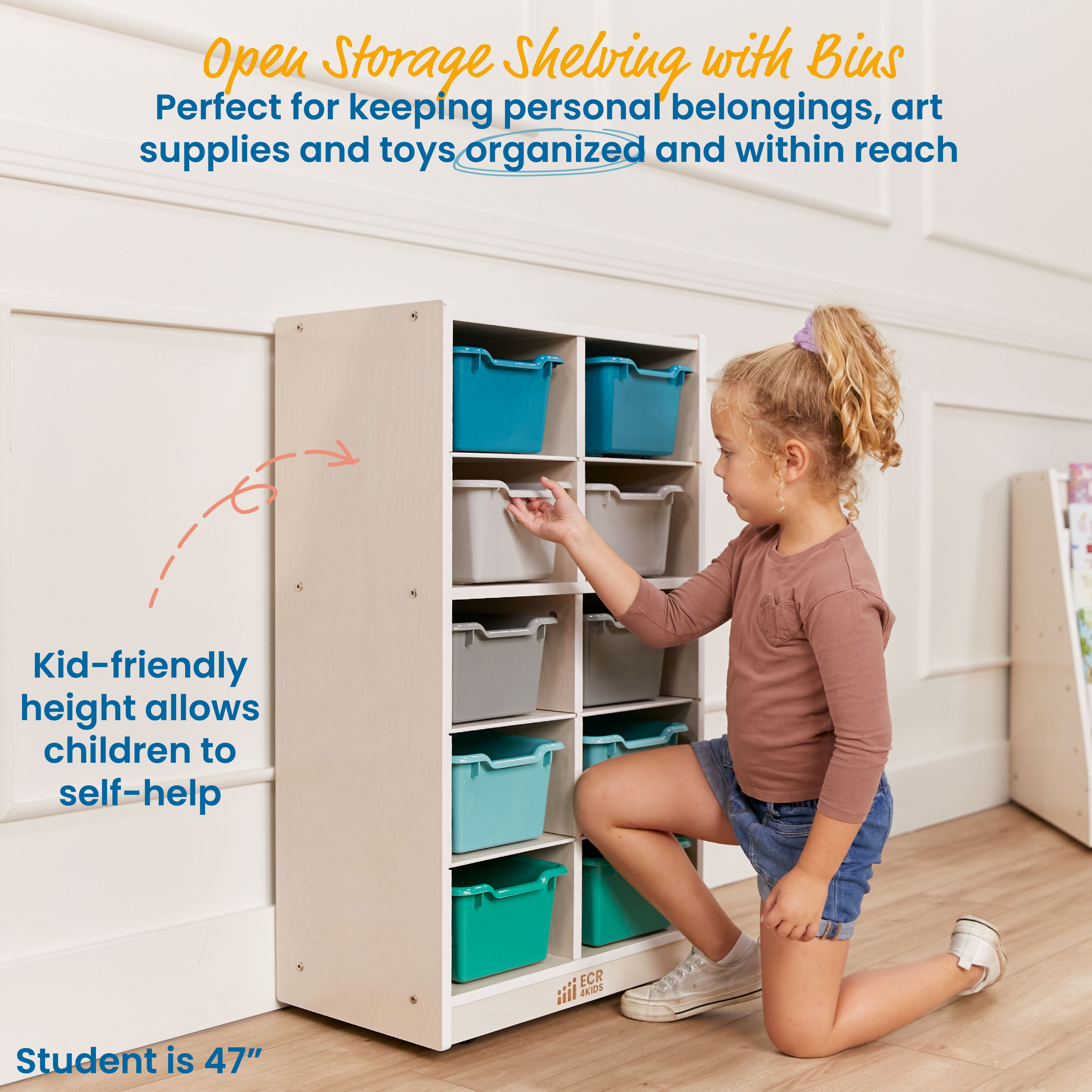 10 Cubby Mobile Tray Cabinet with 10 Scoop Front Storage Bins, 5x2, White Wash