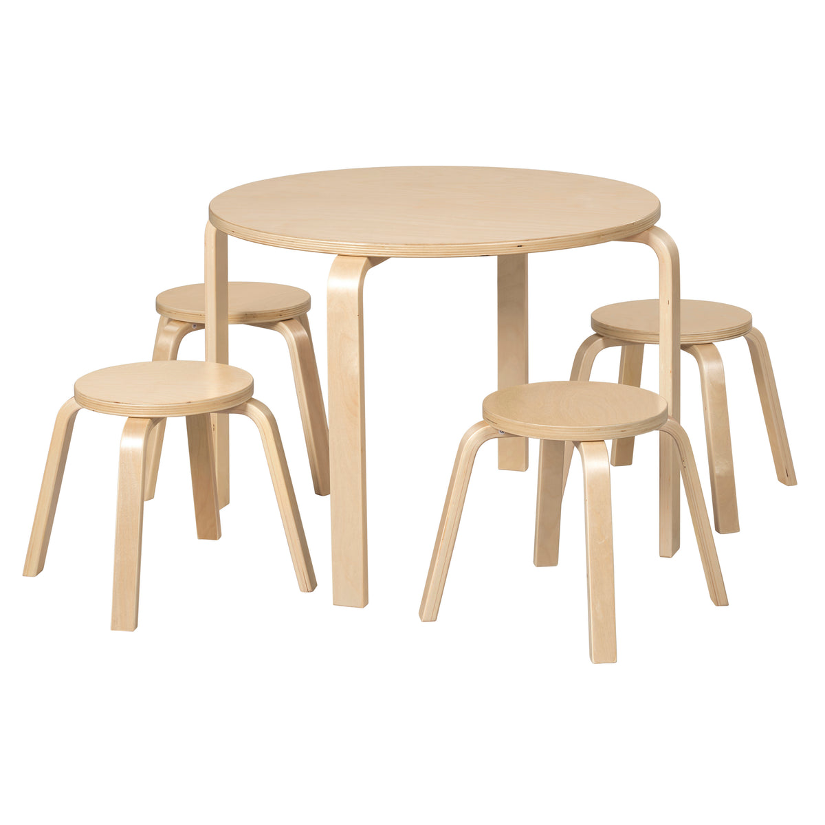 Round Bentwood Table and Four Stools, 12in Seat Height, 5-Piece