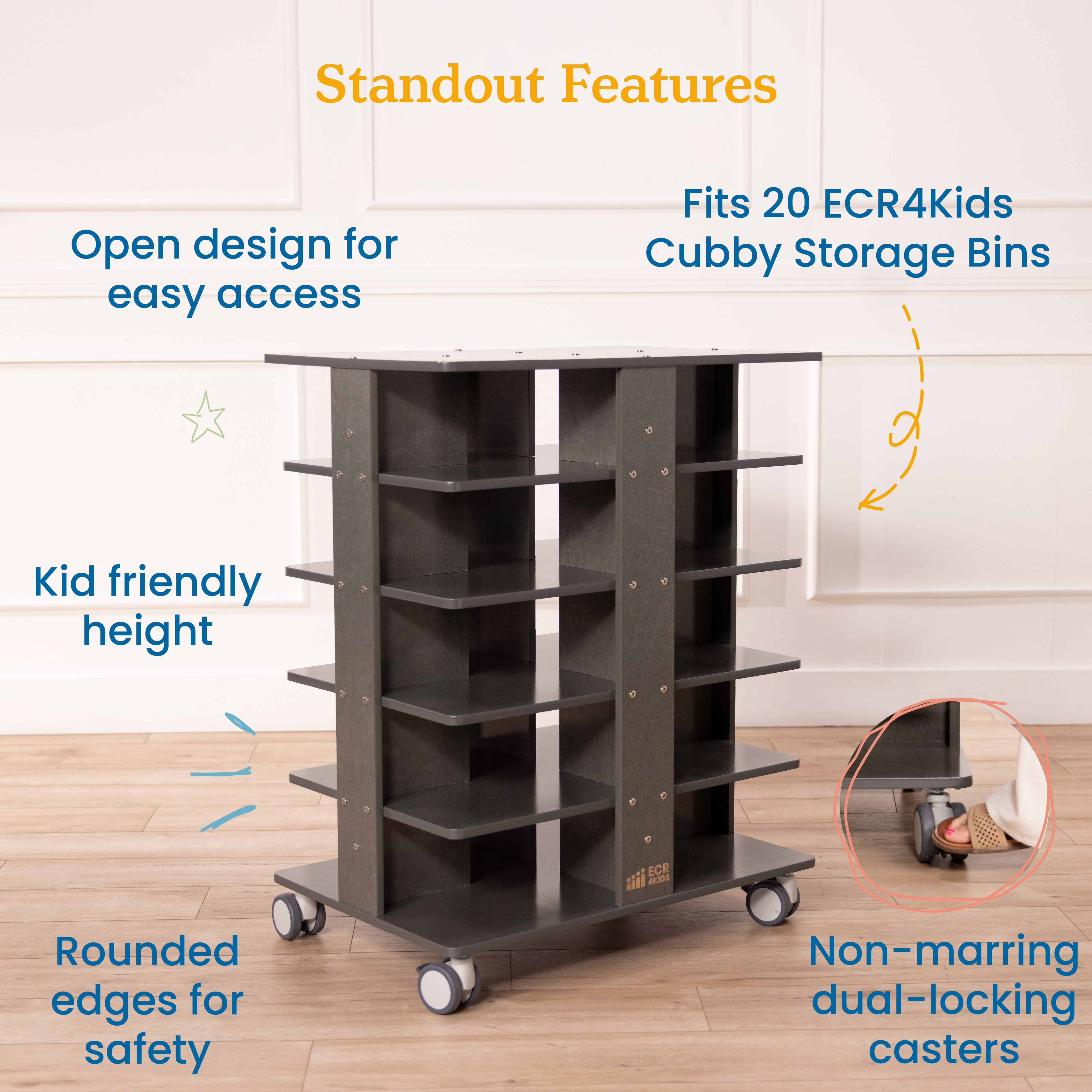 20-Compartment Mobile Storage Tower with Cubby Bins with Lids, 5x4, Grey Wash