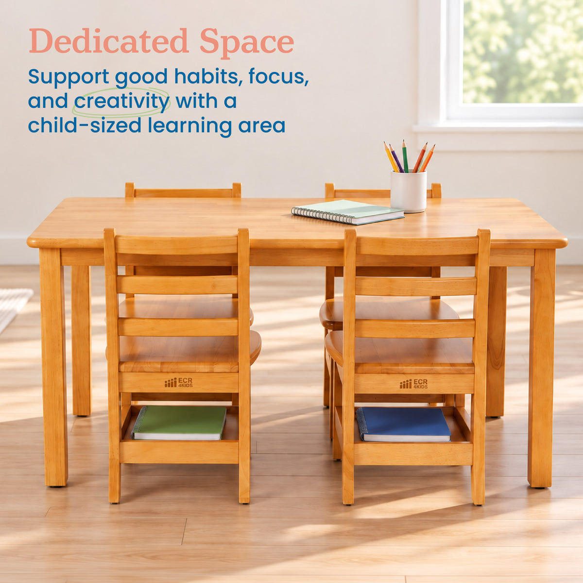 24in x 48in Rectangular Hardwood Table and Four Chairs with Storage, 12in Seat Height, 5-Piece