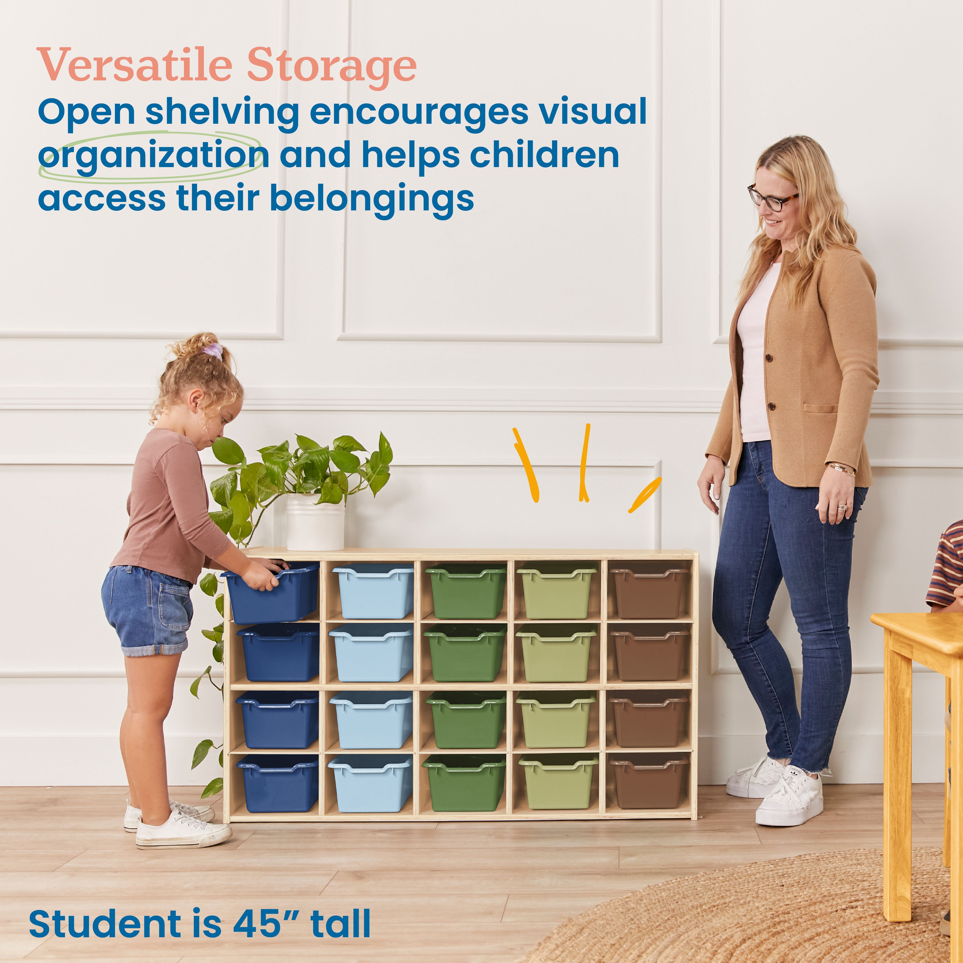 Streamline 20 Cubby Tray Storage Cabinet with 20 Scoop Front Storage Bins, 4x5, Natural