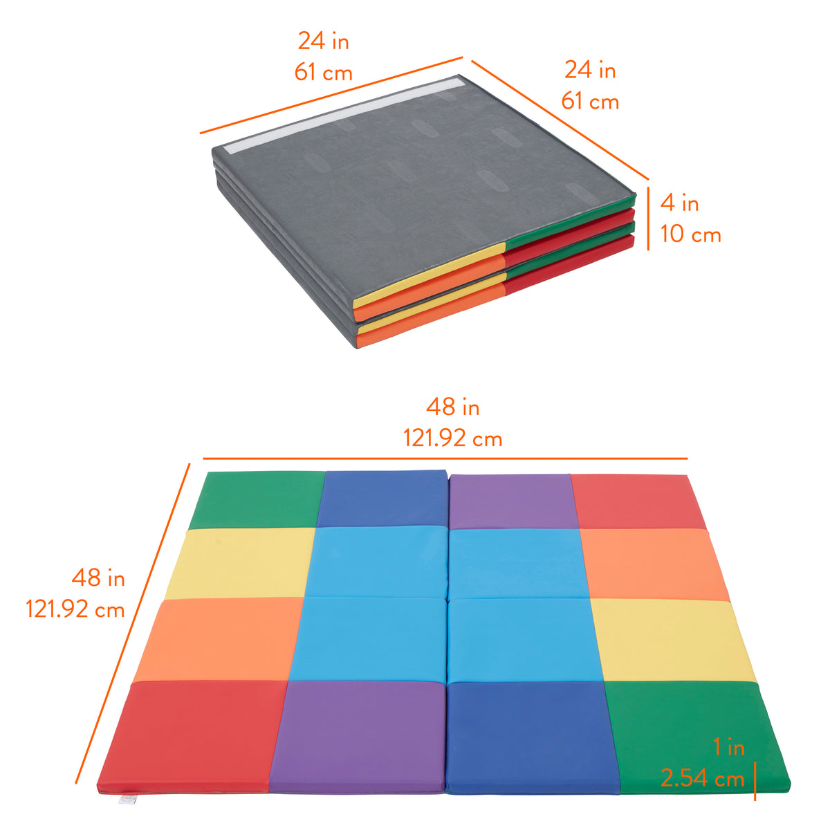 Foldable play mat with colored foam tiles in 24x24 inch squares, shown stacked and unfolded in grid pattern.