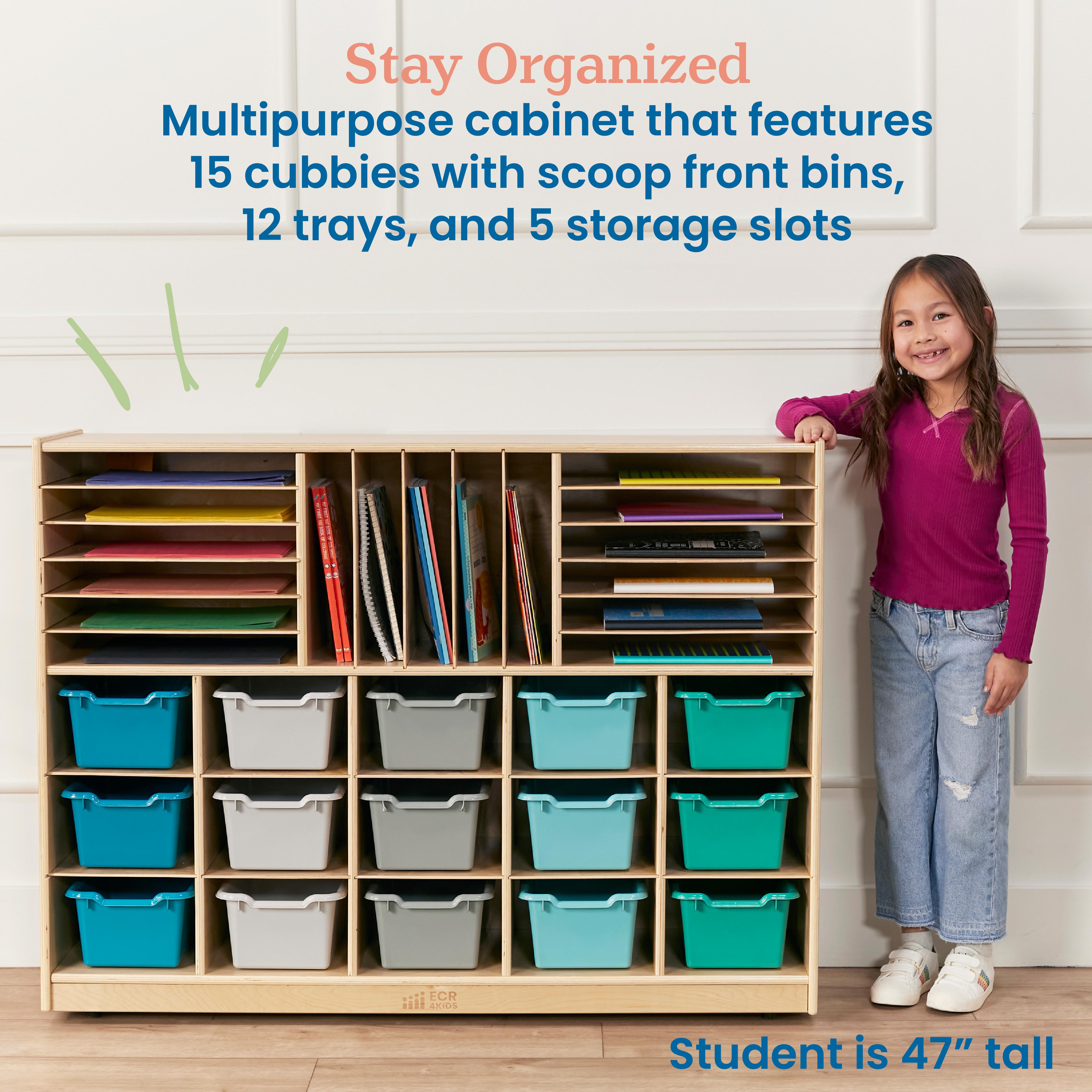 Multi-Section Mobile Tray Cabinet and 15 Scoop Front Bins