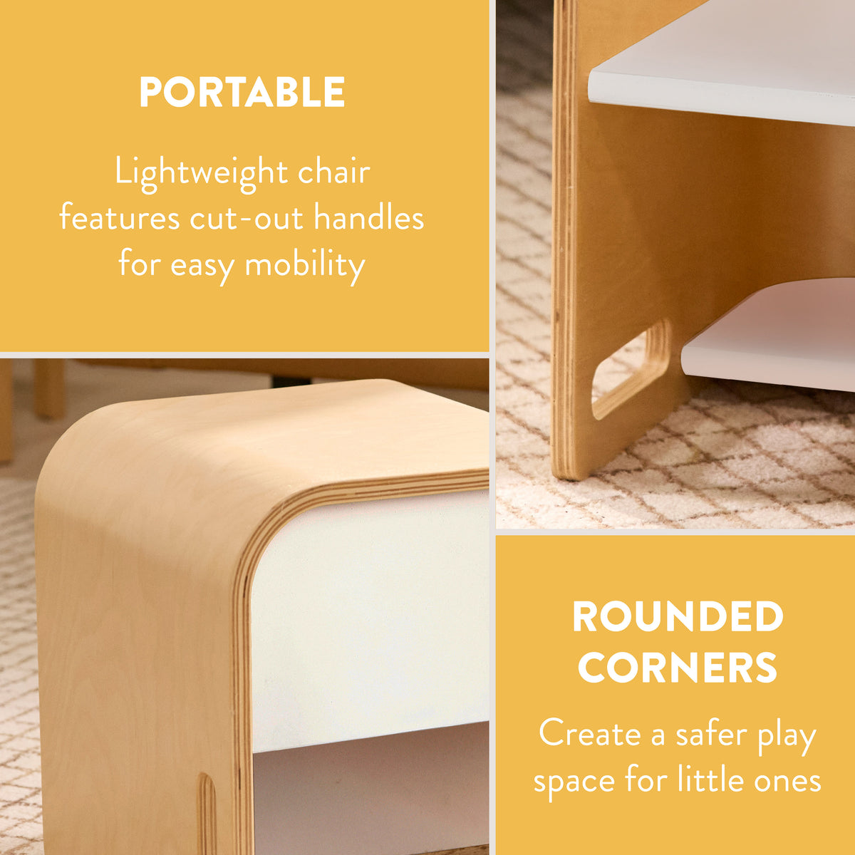 Natural bentwood toddler chair and table with white seats, cut-out handles, and rounded corners on beige rug.