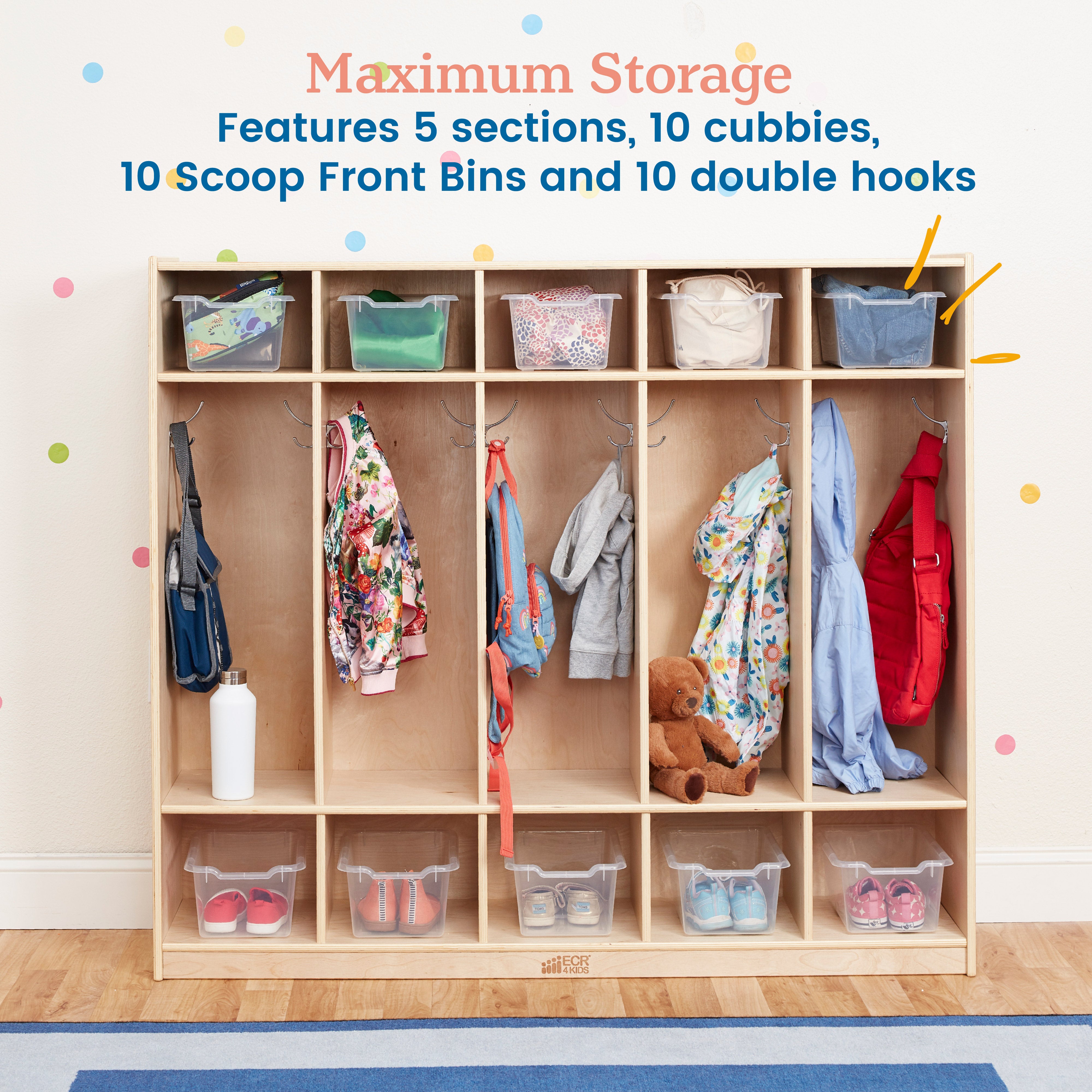 5-Section Coat Locker and Scoop Front Storage Bins, Natural