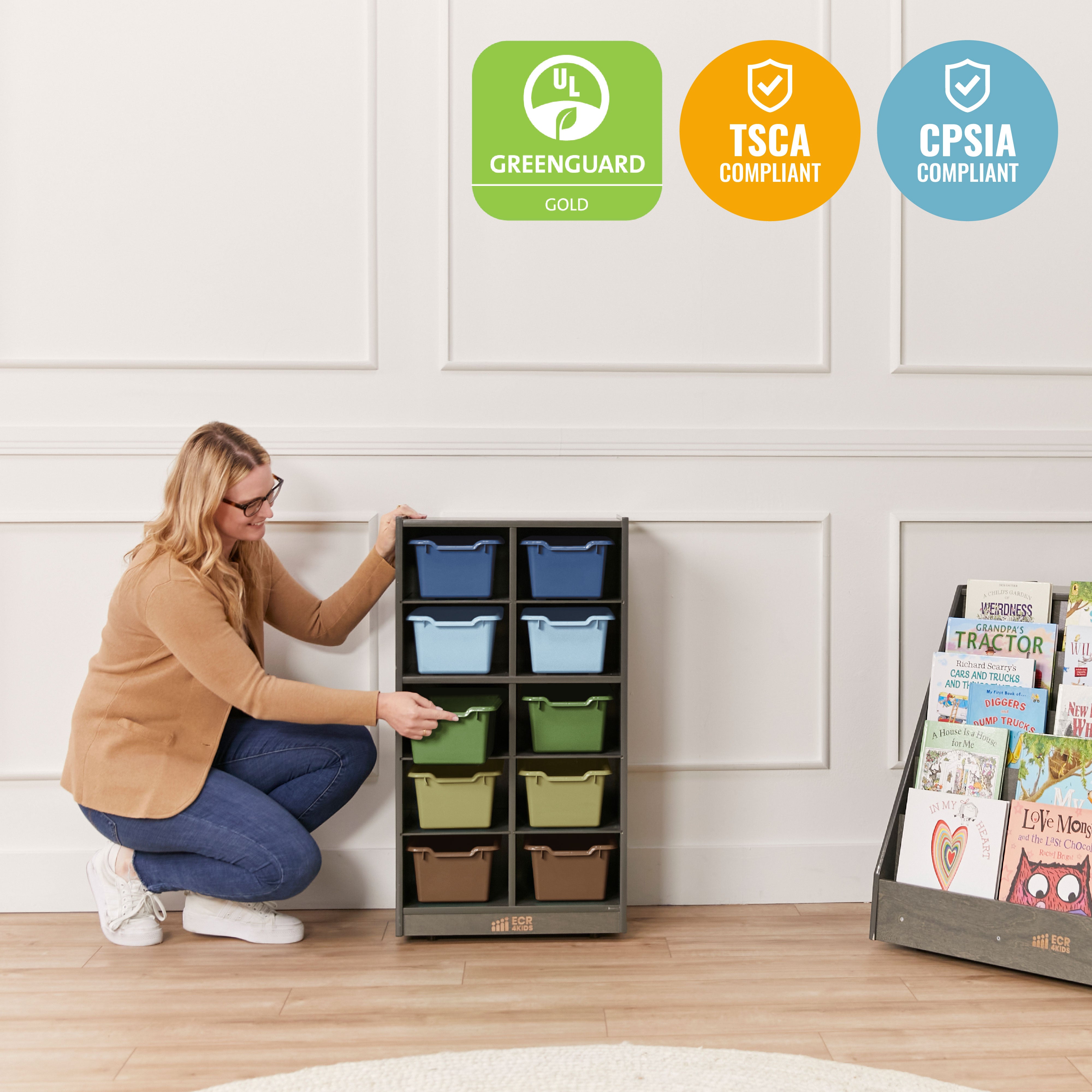 10 Cubby Mobile Tray Cabinet with 10 Scoop Front Storage Bins, 5x2, Grey Wash