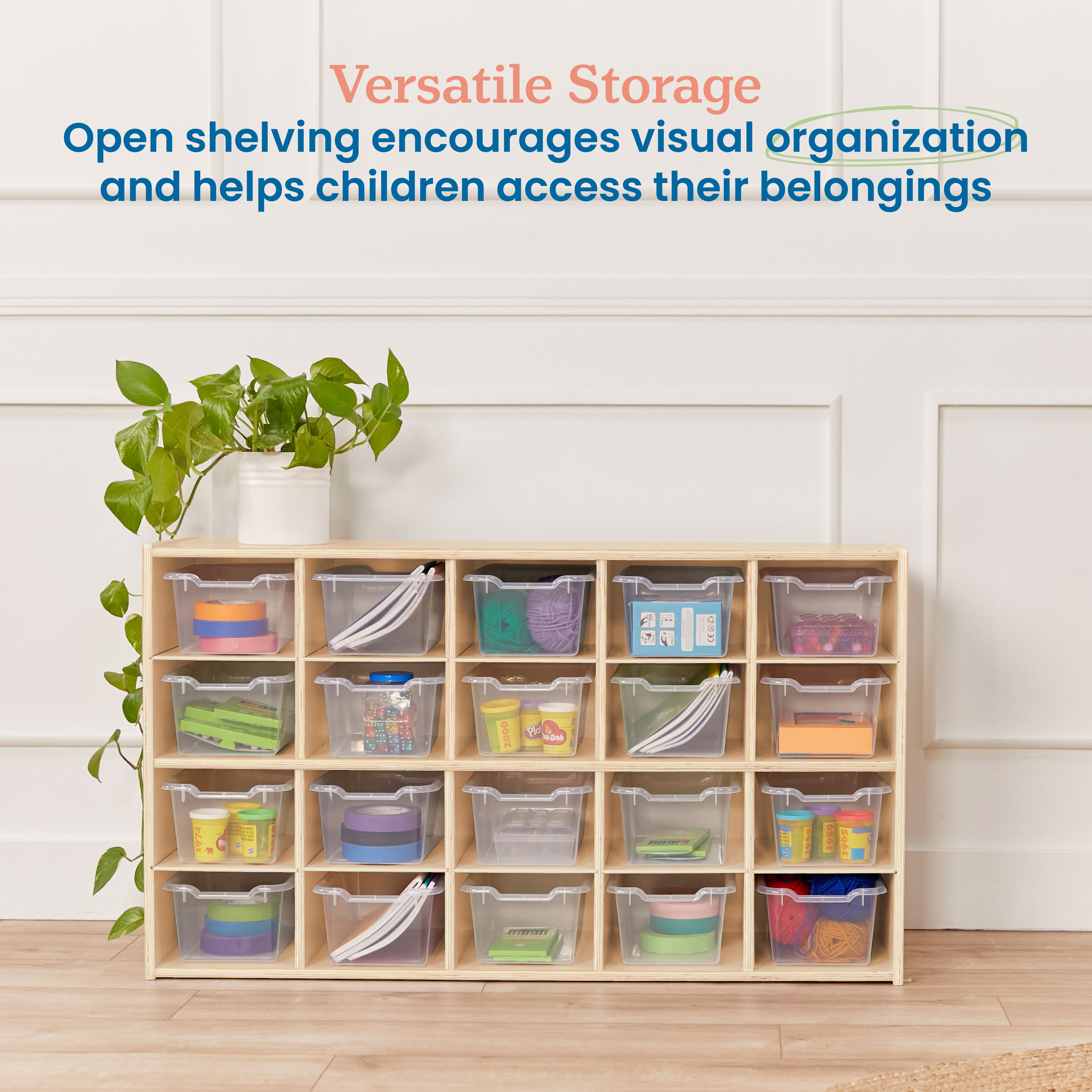 Streamline 20 Cubby Tray Storage Cabinet with 20 Scoop Front Storage Bins, 4x5, Natural