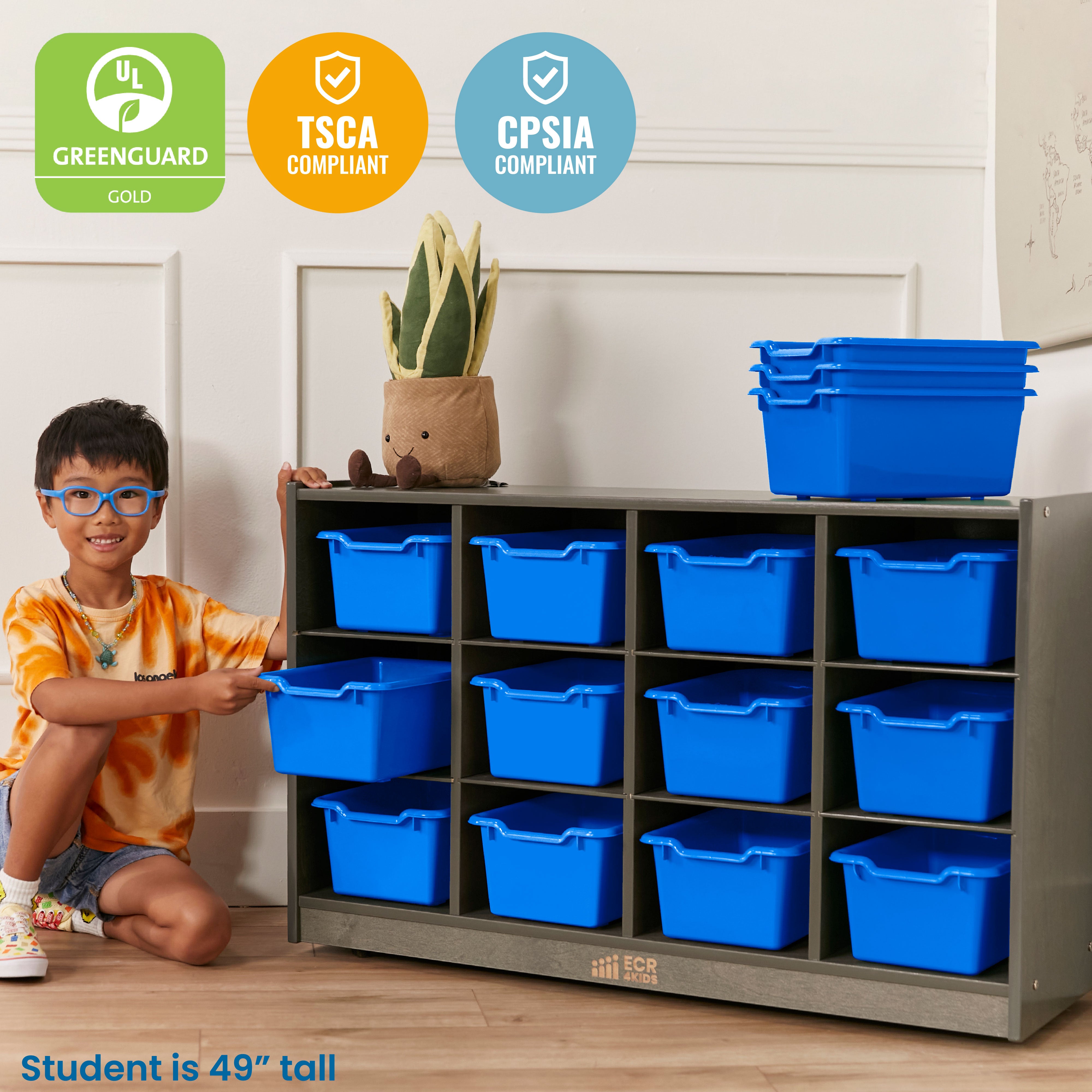 12 Cubby Mobile Tray Cabinet with 15 Scoop Front Storage Bins, 3x4, Grey Wash