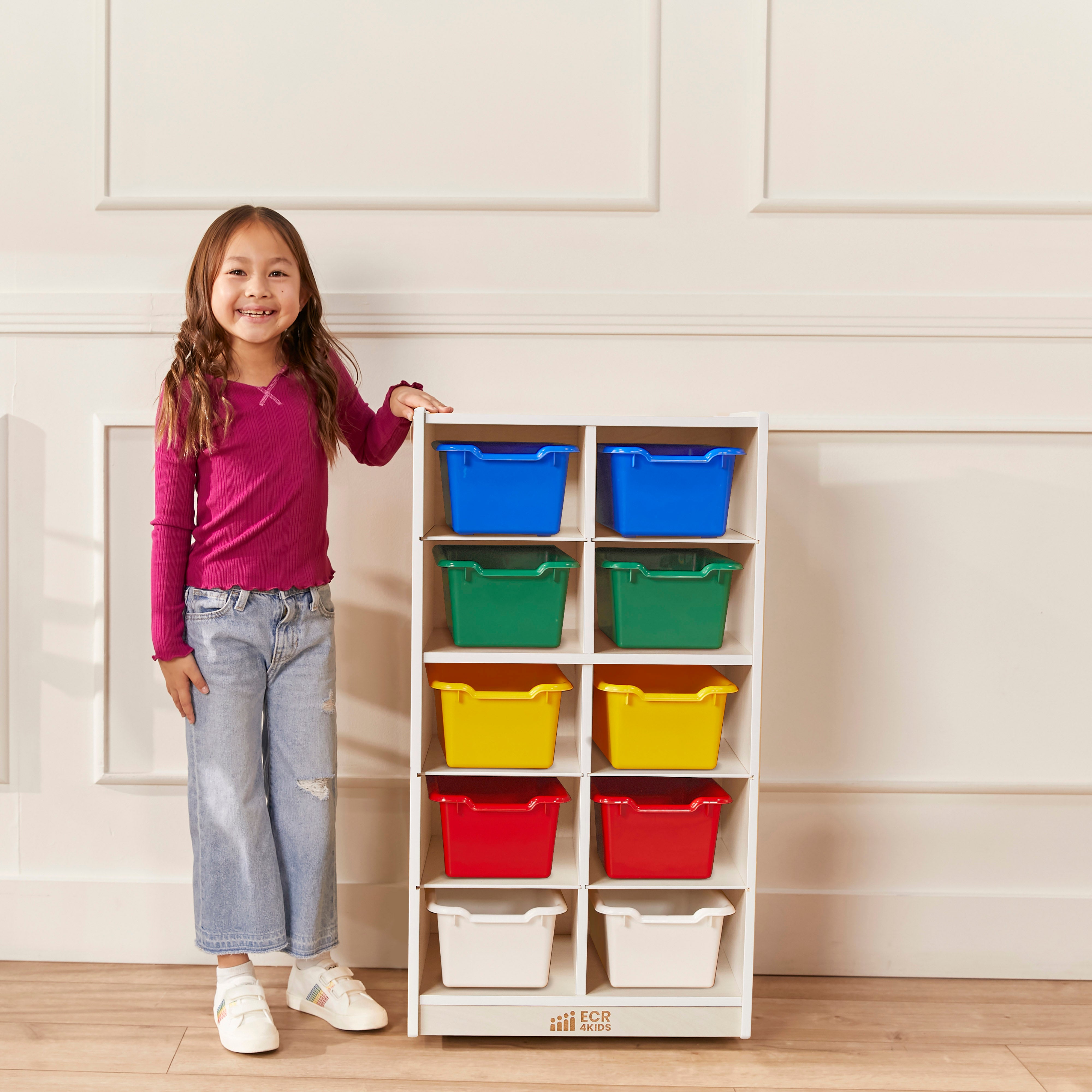 10 Cubby Mobile Tray Cabinet with 10 Scoop Front Storage Bins, 5x2, White Wash