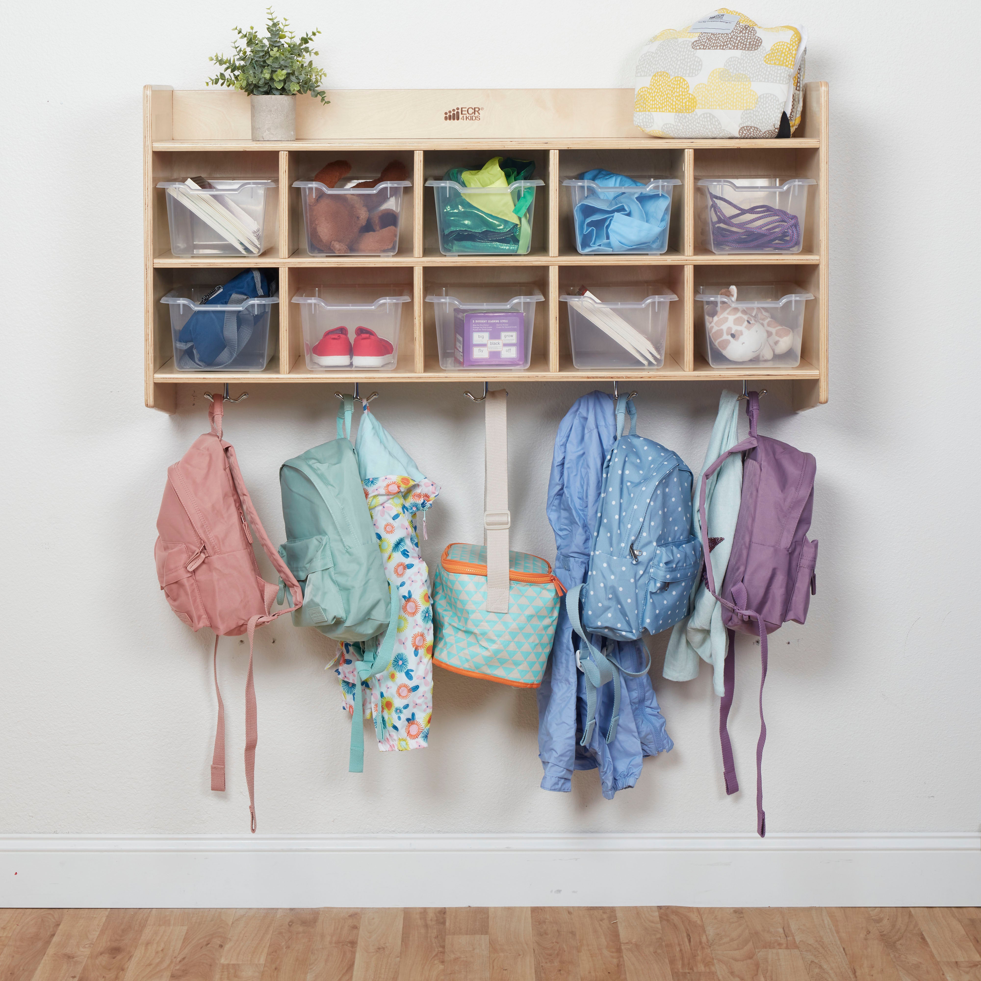 10-Section Hanging Coat Locker with Shelf and Scoop Front Storage Bins, Natural