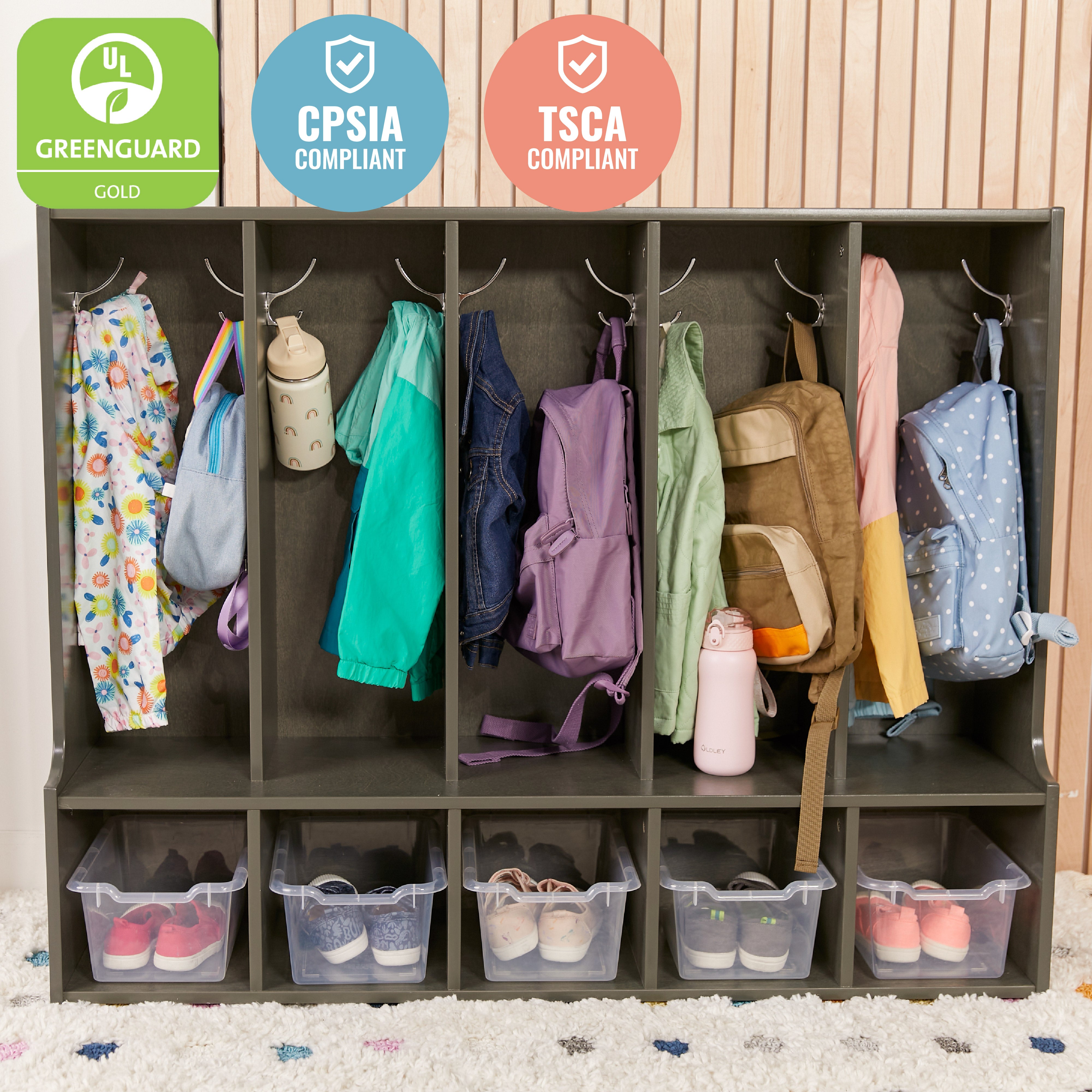 Streamline 5-Section Toddler Coat Locker with Bench and Bins