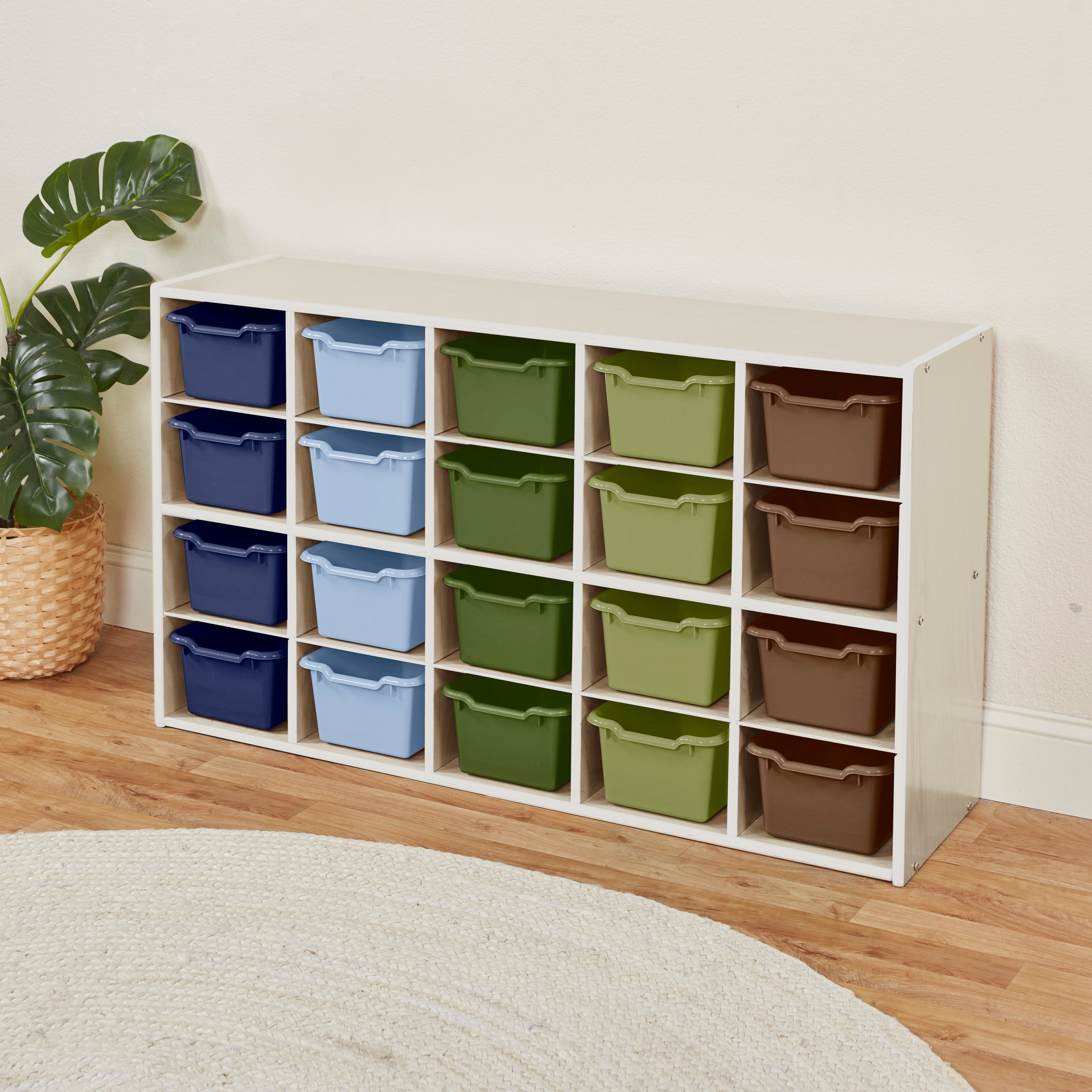 Streamline 20 Cubby Tray Storage Cabinet with 20 Scoop Front Storage Bins, 4x5, White Wash