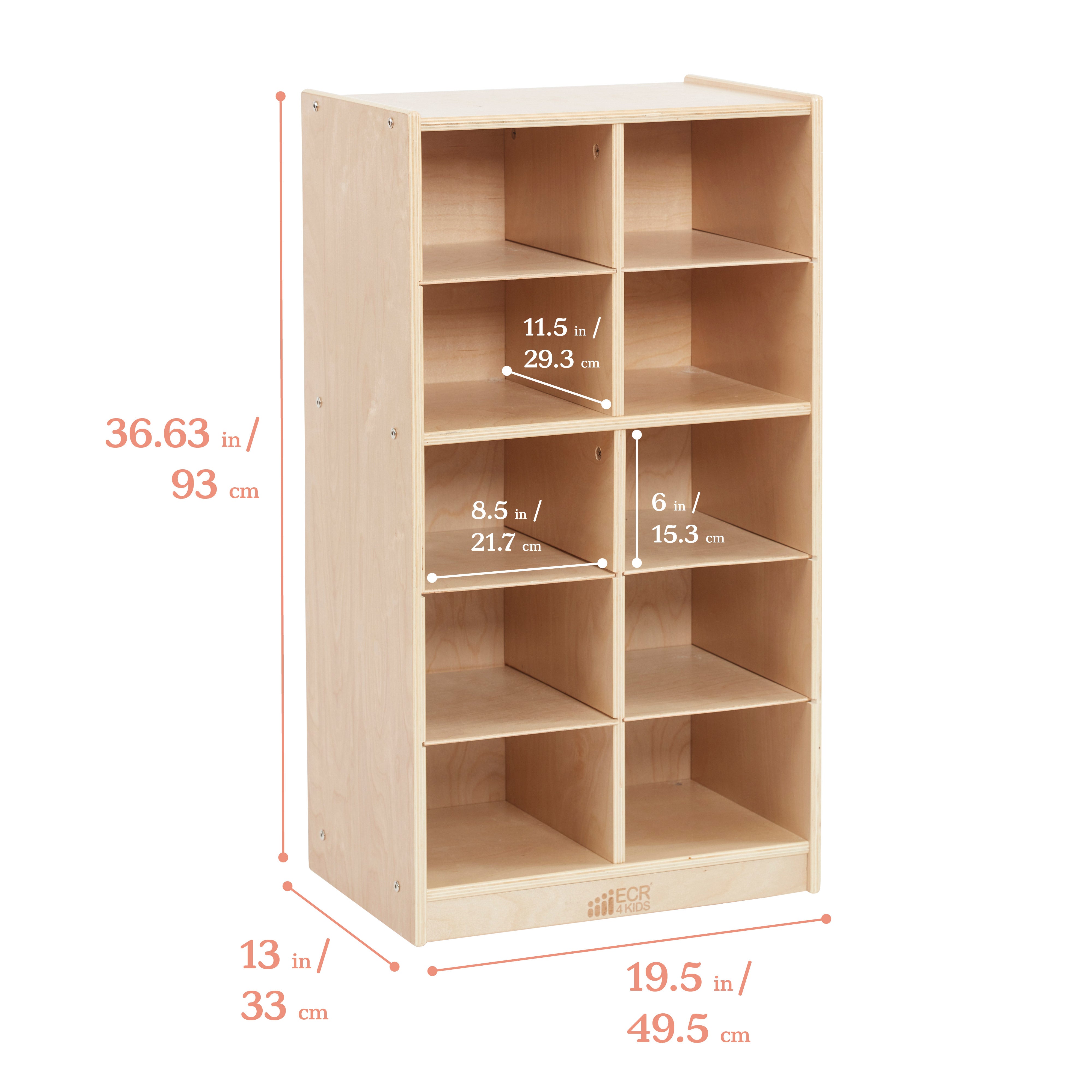 10 Cubby Mobile Tray Cabinet with 10 Scoop Front Storage Bins, 5x2, Natural