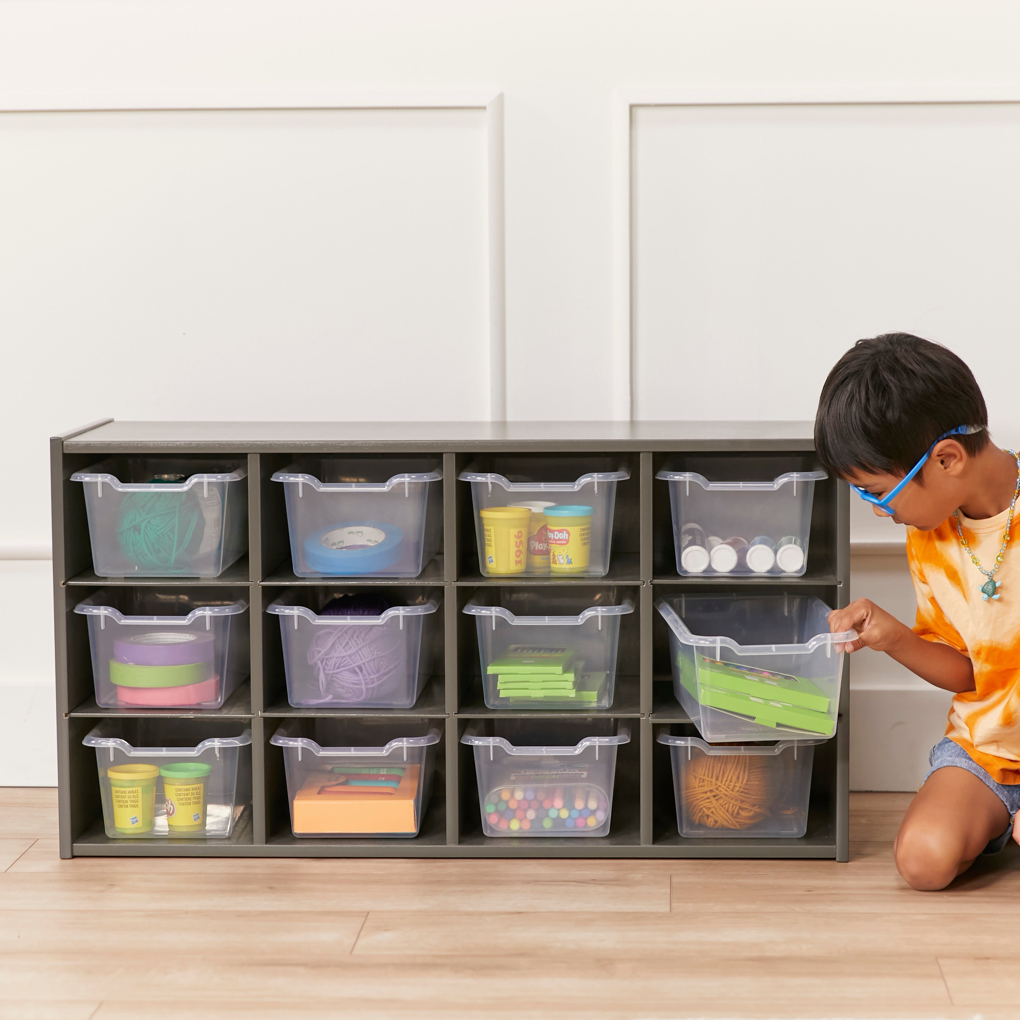 Streamline 12 Cubby Tray Cabinet with Scoop Front Storage Bins, 3x4, Grey Wash