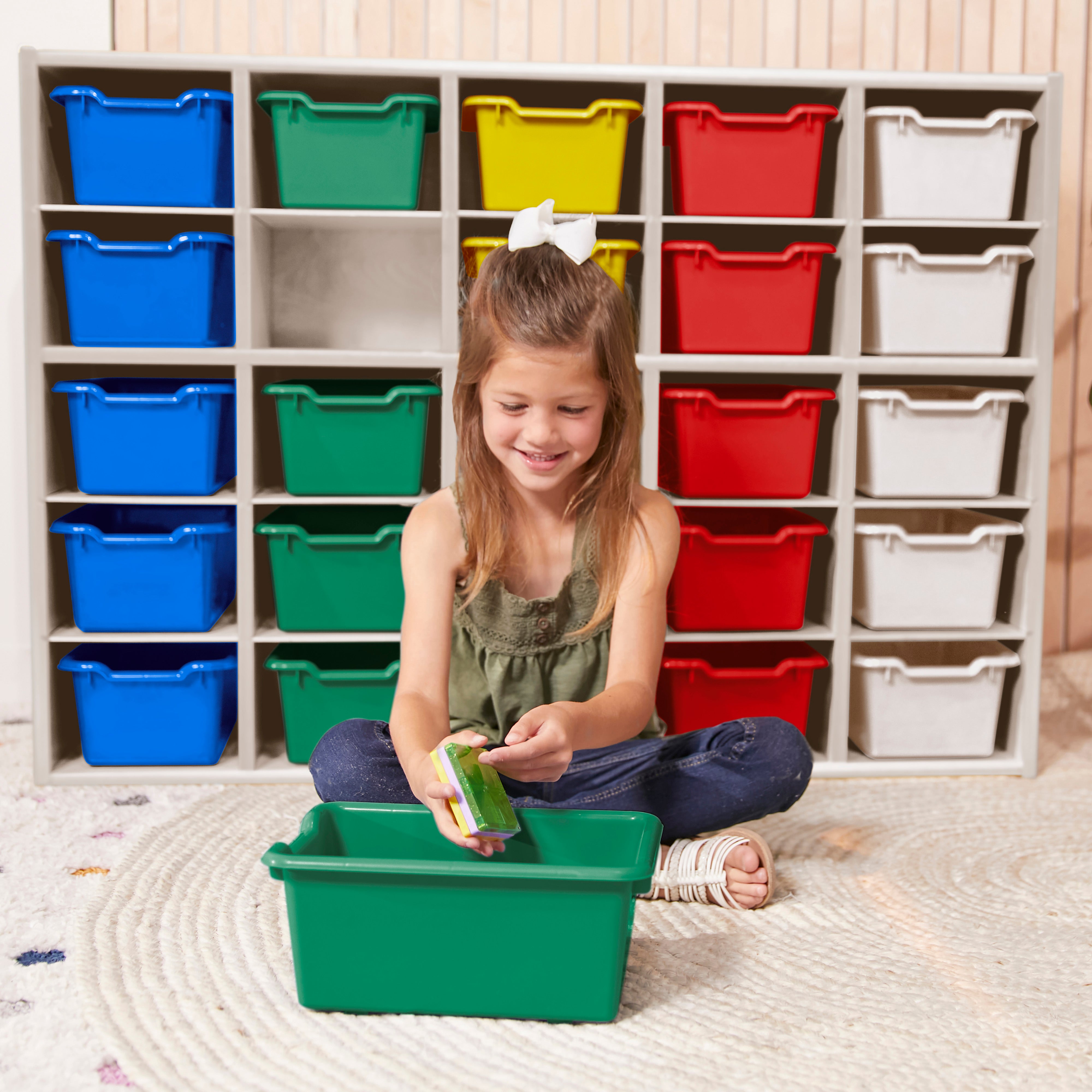 Streamline 25 Cubby Tray Cabinet with 25 Scoop Front Storage Bins, 5x5, White Wash