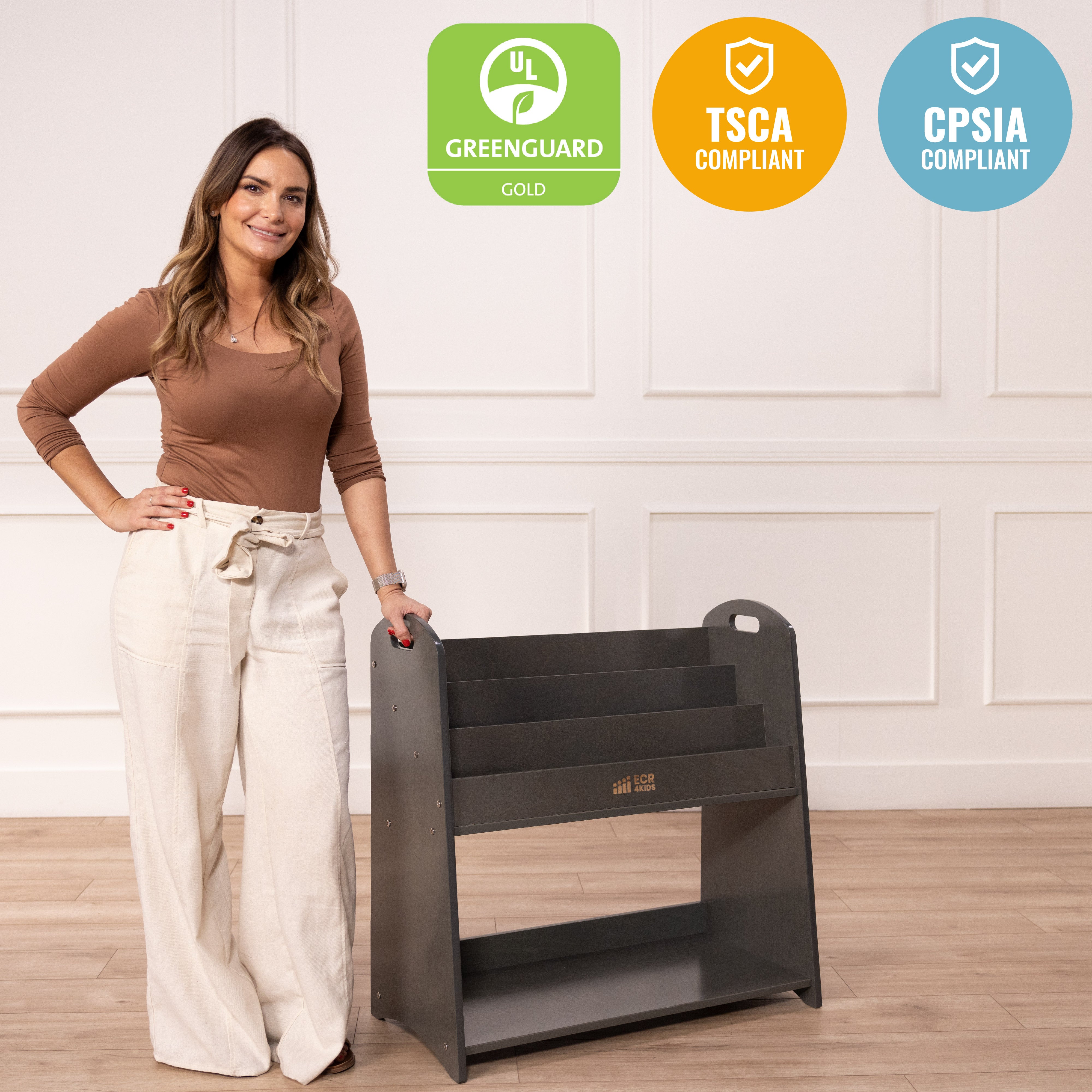 3-Shelf Floor Book Display with Handles and Storage, 30in