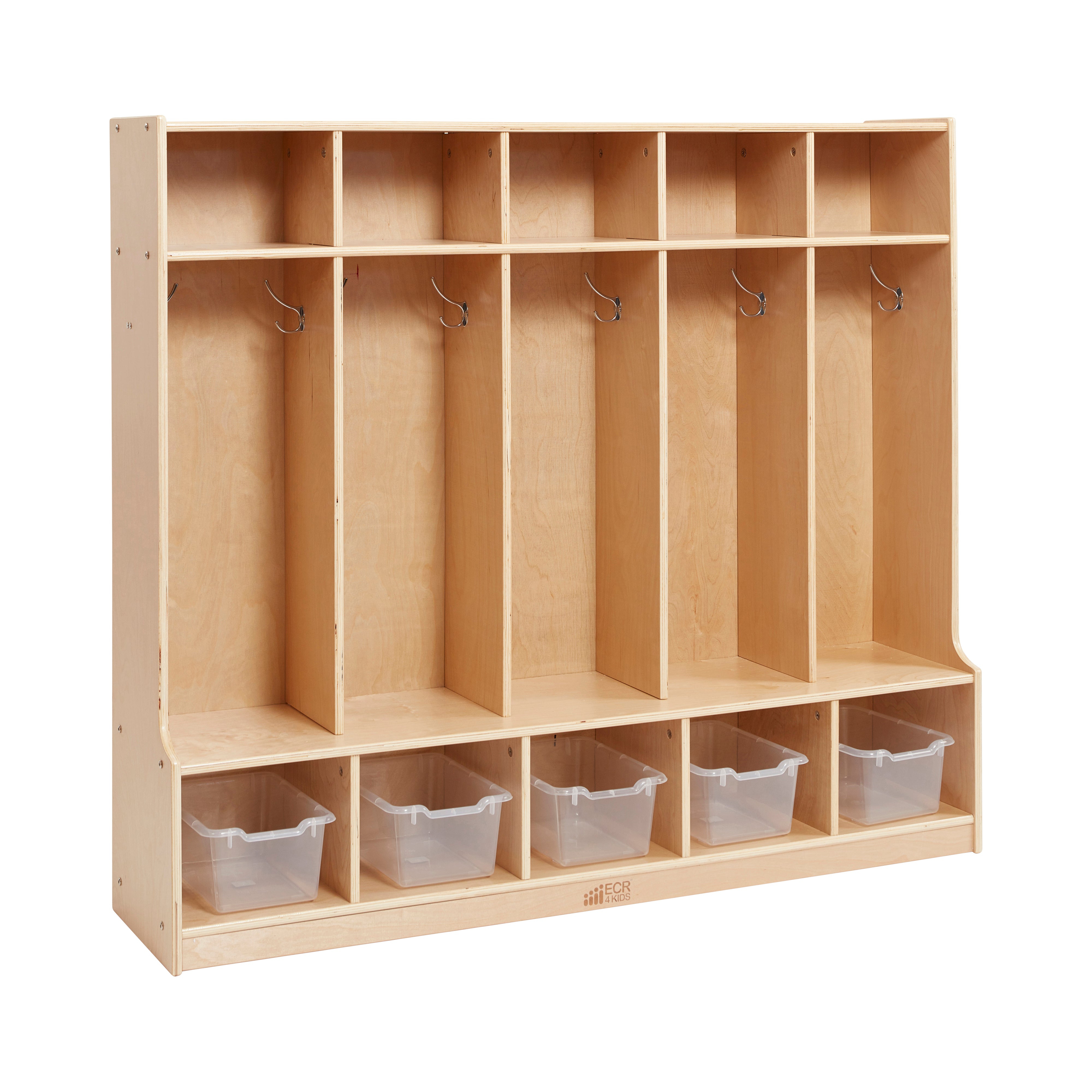 5-Section Coat Locker with Bench and Scoop Front Storage Bins, Natural
