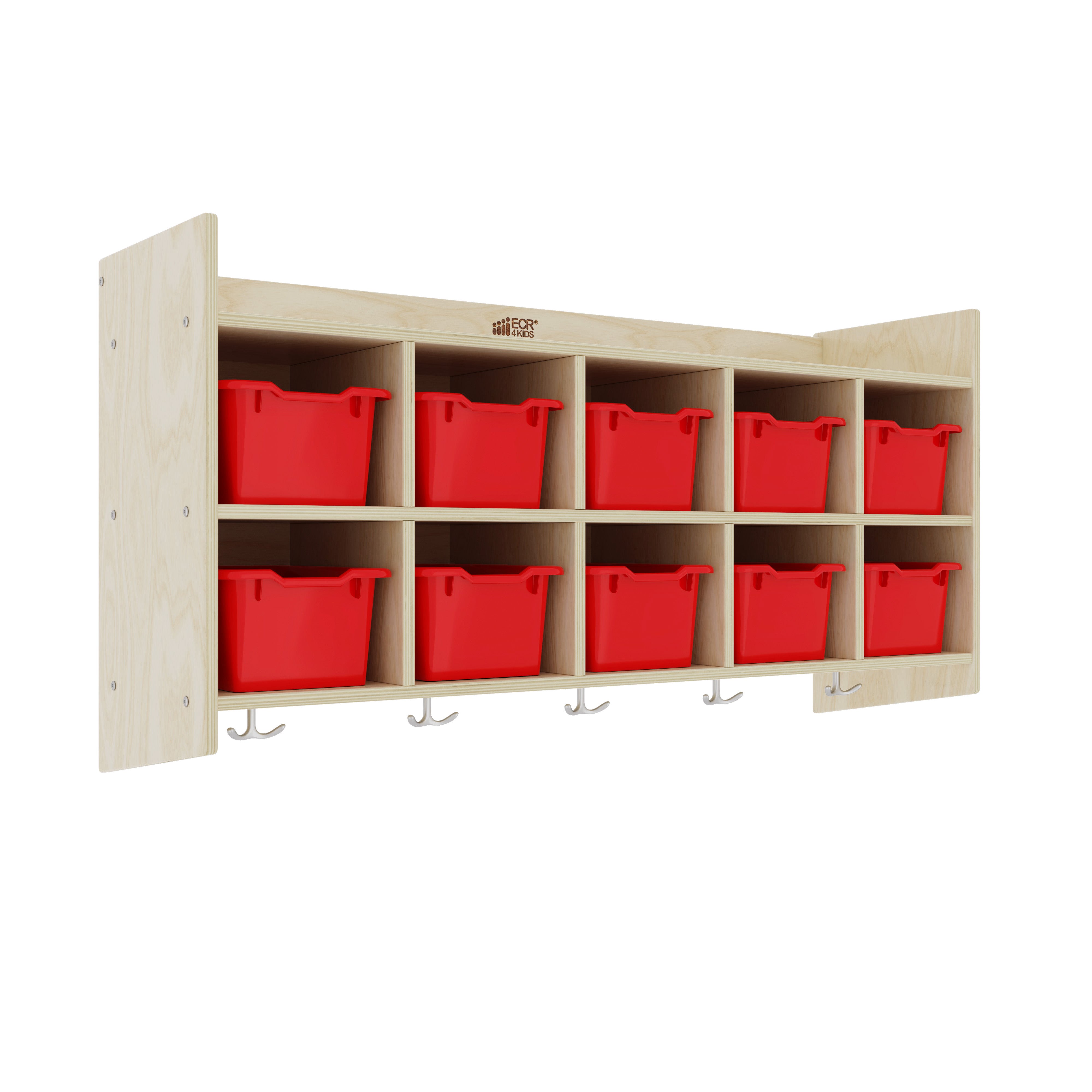 10-Section Hanging Coat Locker with Shelf and Scoop Front Storage Bins, Natural