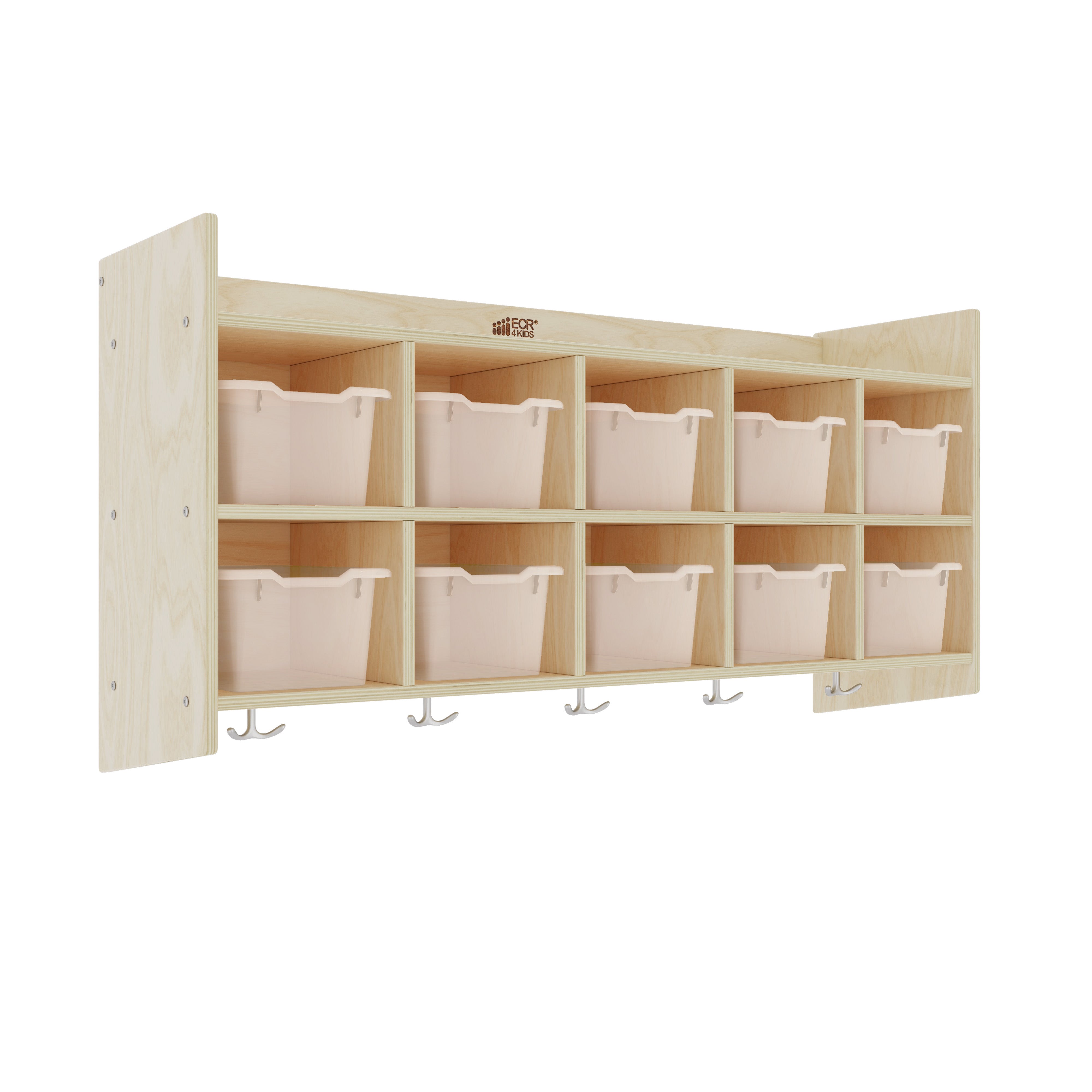 10-Section Hanging Coat Locker with Shelf and Scoop Front Storage Bins, Natural