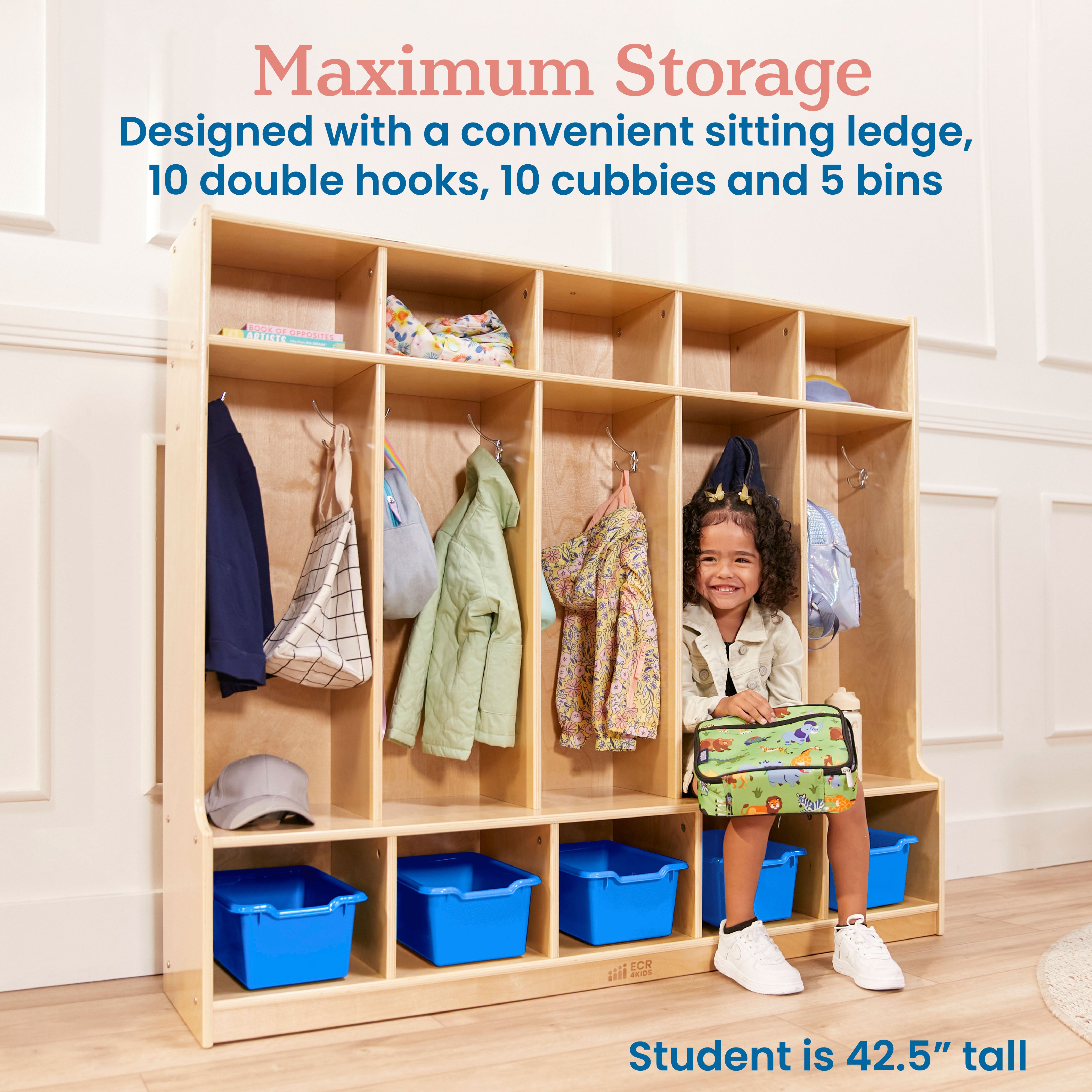 5-Section Coat Locker with Bench and Scoop Front Storage Bins, Natural