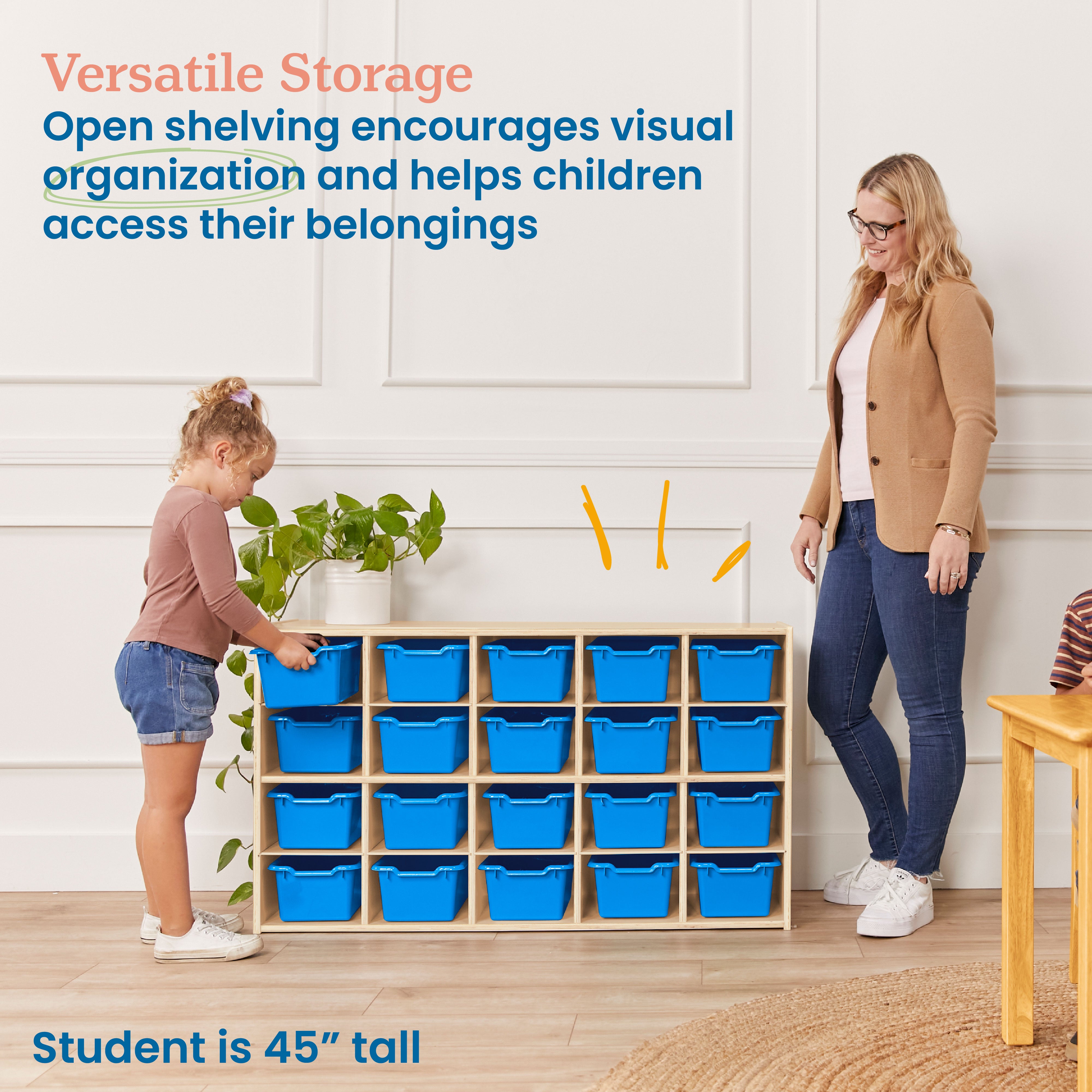 Streamline 20 Cubby Tray Storage Cabinet with 20 Scoop Front Storage Bins, 4x5, Natural