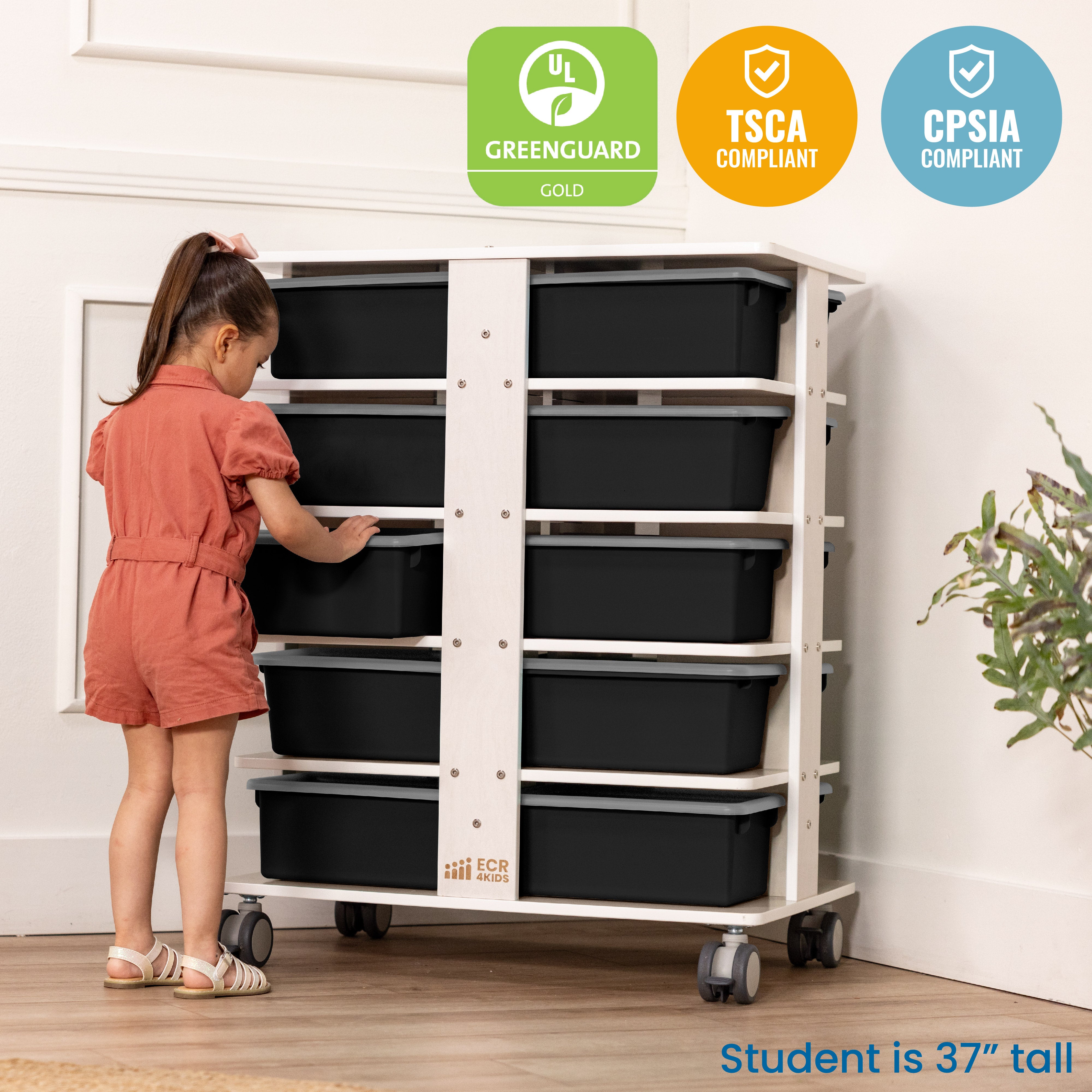 20-Compartment Mobile Storage Tower with Cubby Bins with Lids, 5x4, White Wash, Classroom Furniture