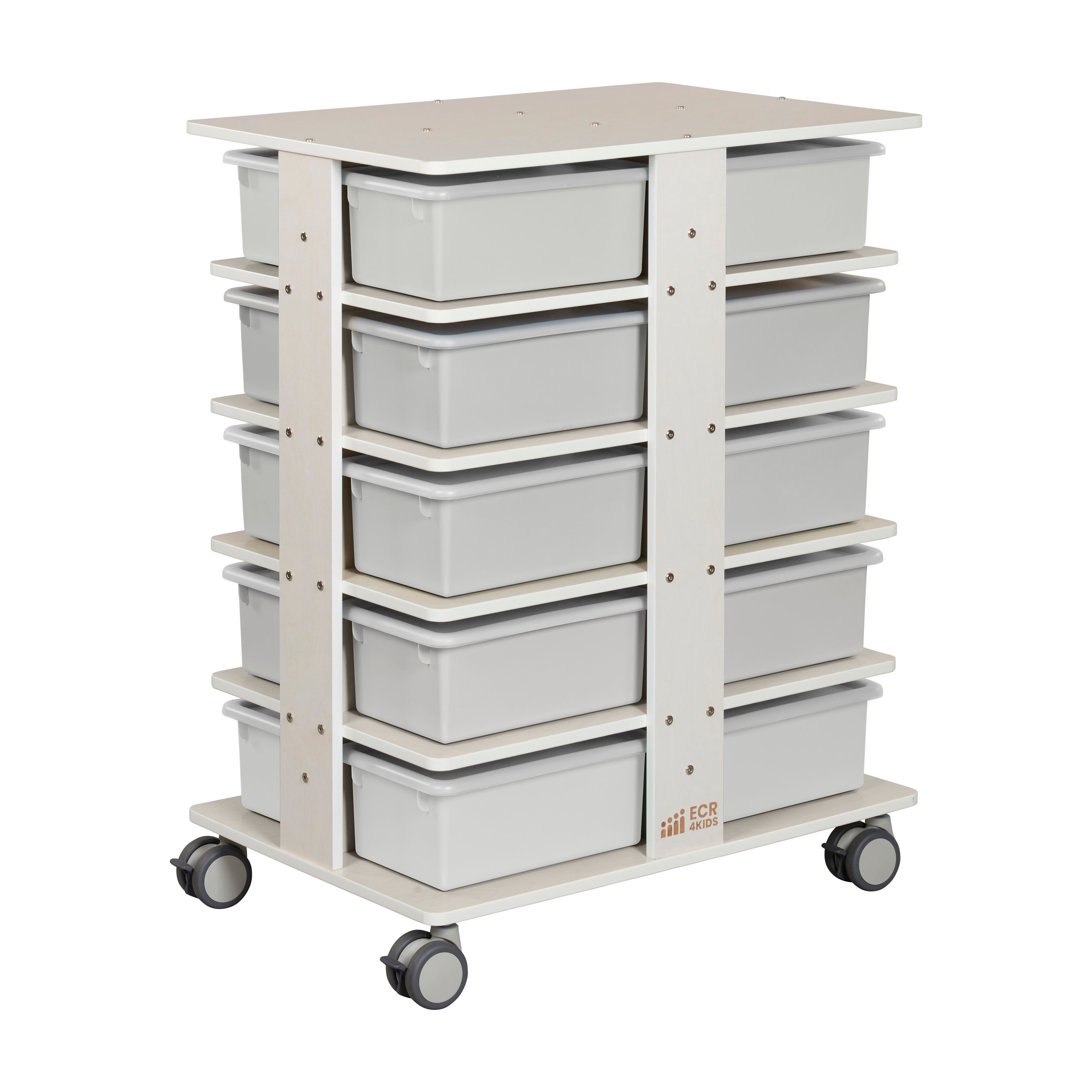 20-Compartment Mobile Storage Tower with Cubby Bins with Lids, 5x4, White Wash, Classroom Furniture